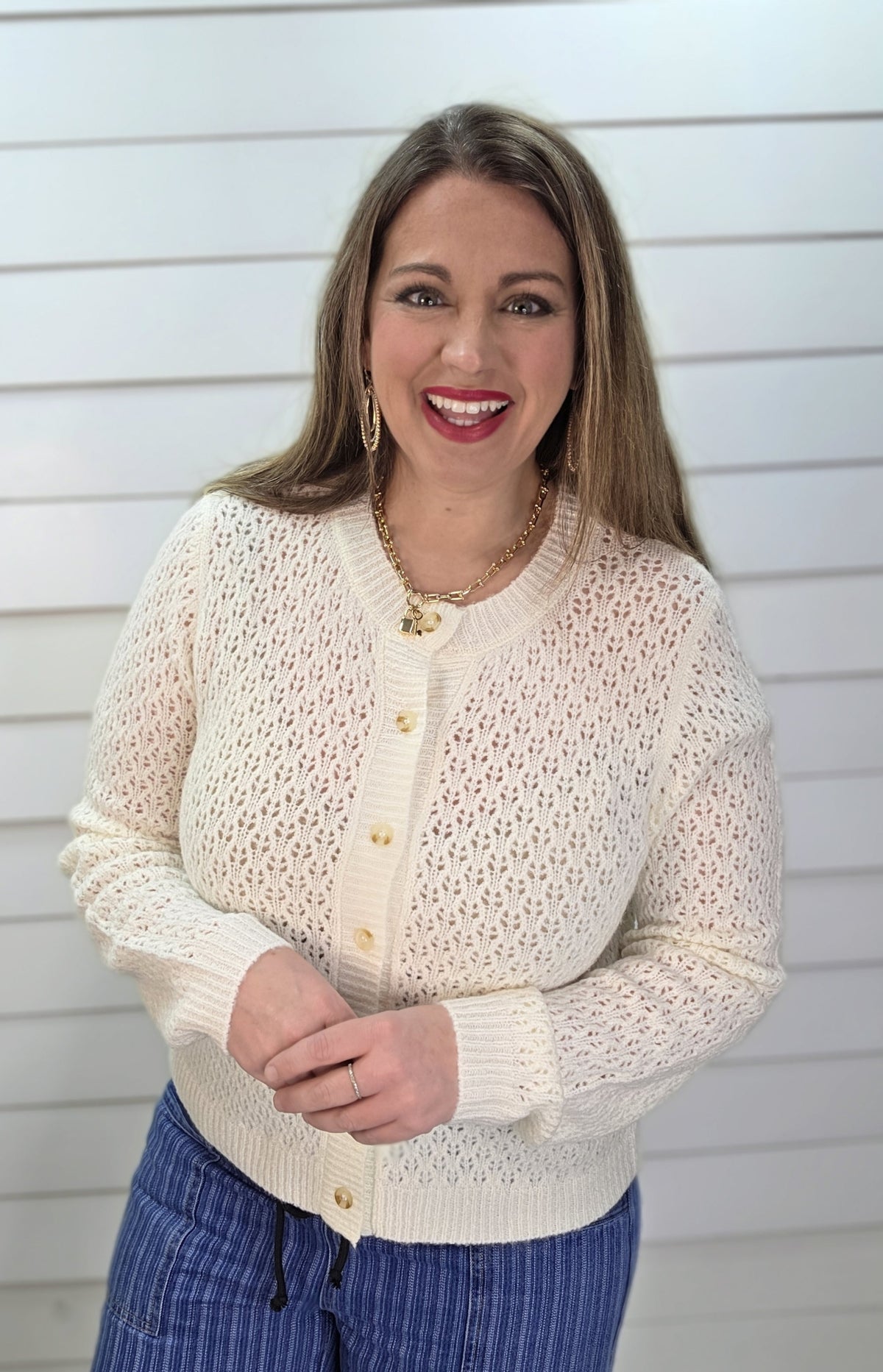 CREAM KNIT EYELET BUTTON DOWN KNIT CARDIGAN