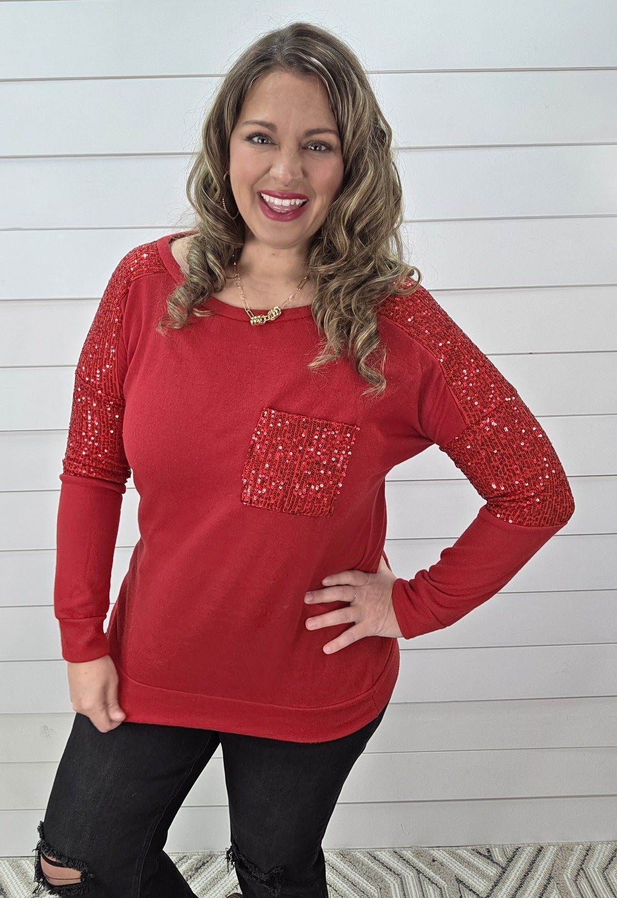 RED SEQUIN BRUSHED KNIT POCKET TOP