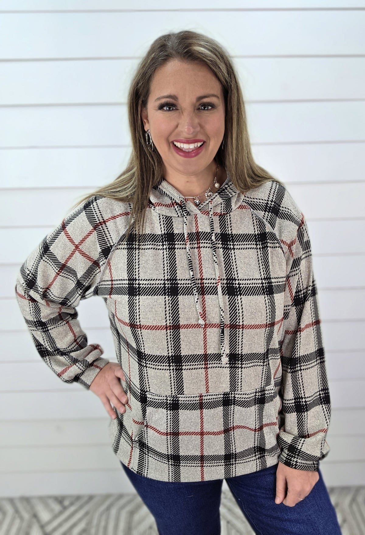 OATMEAL/BLACK/RED PLAID LIGHT WEIGHT HOODIE