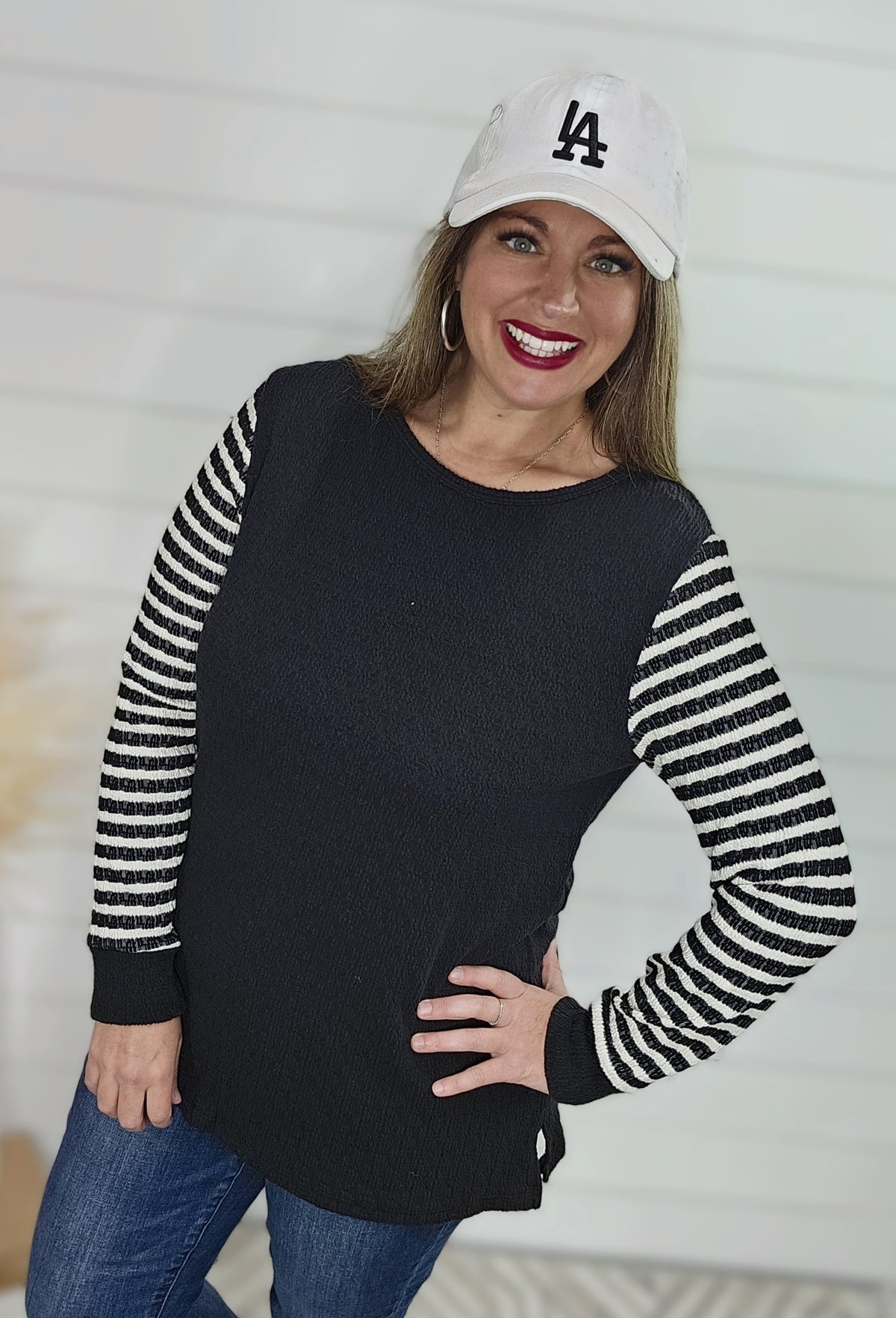 BLACK TEXTURED TOP W/ STRIPED CONTRAST SLEEVES