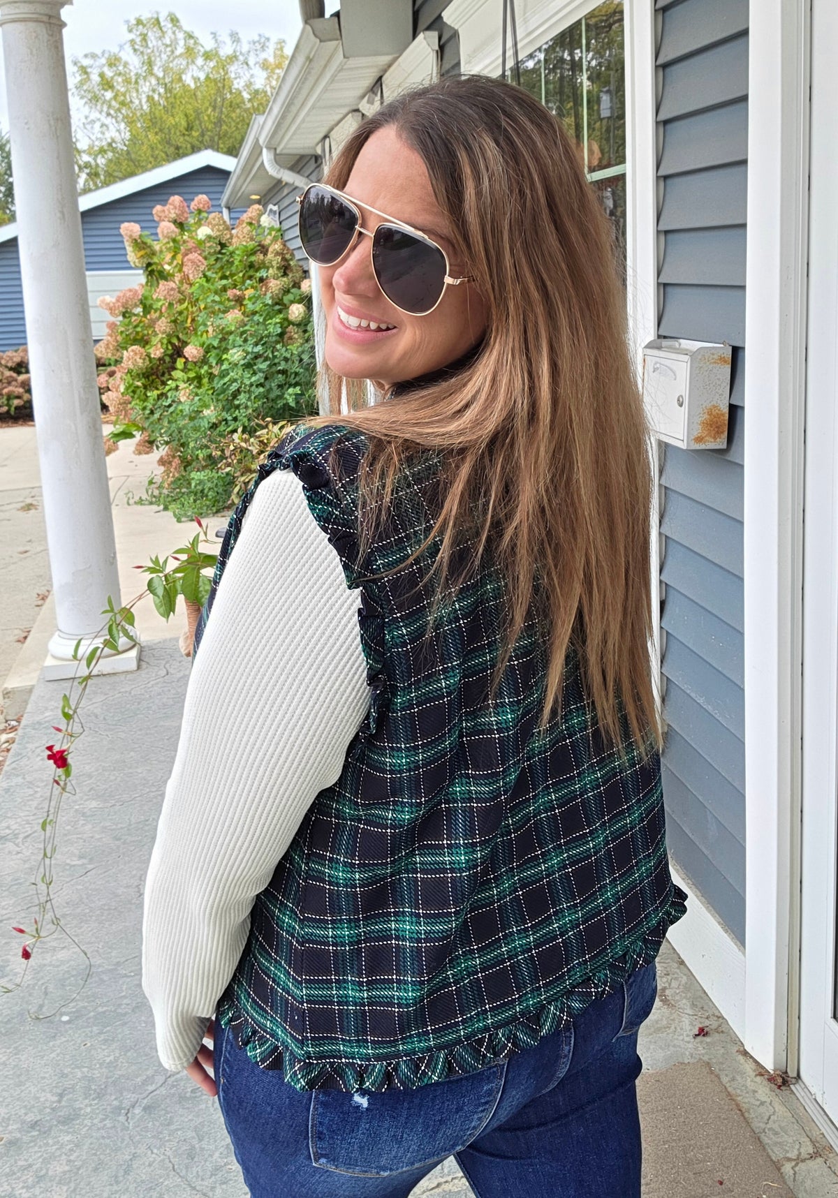 Navy/Green Plaid Quilted Vest With Frill Detail
