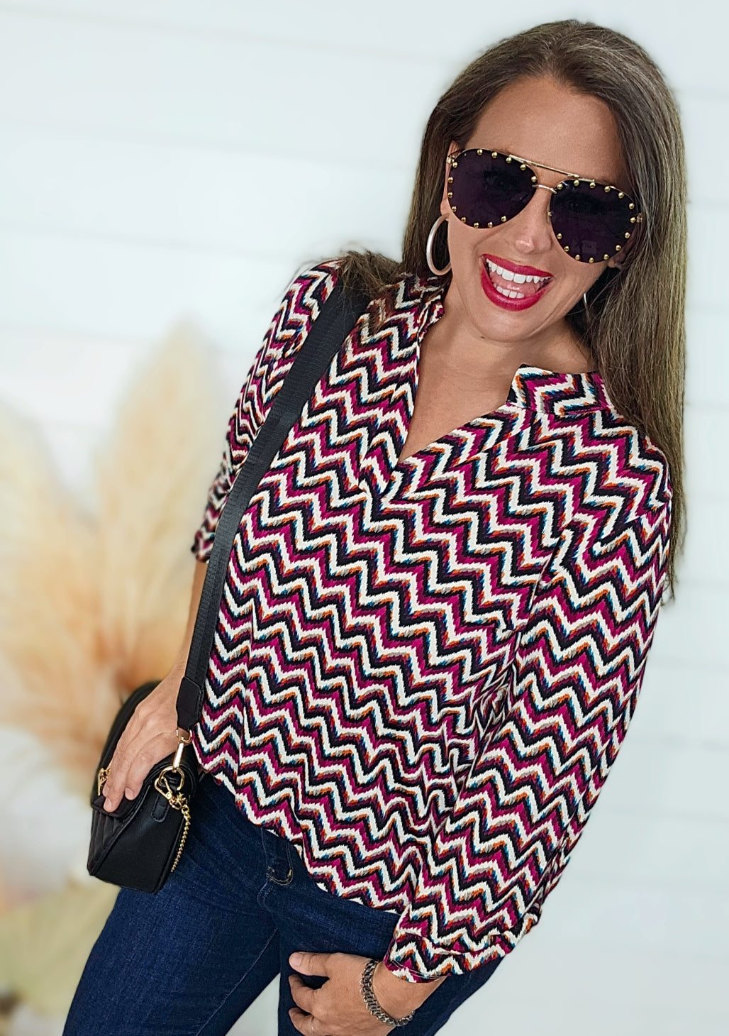 MAGENTA ZIP ZAG 3/4 SLEEVE LIZZY TOP