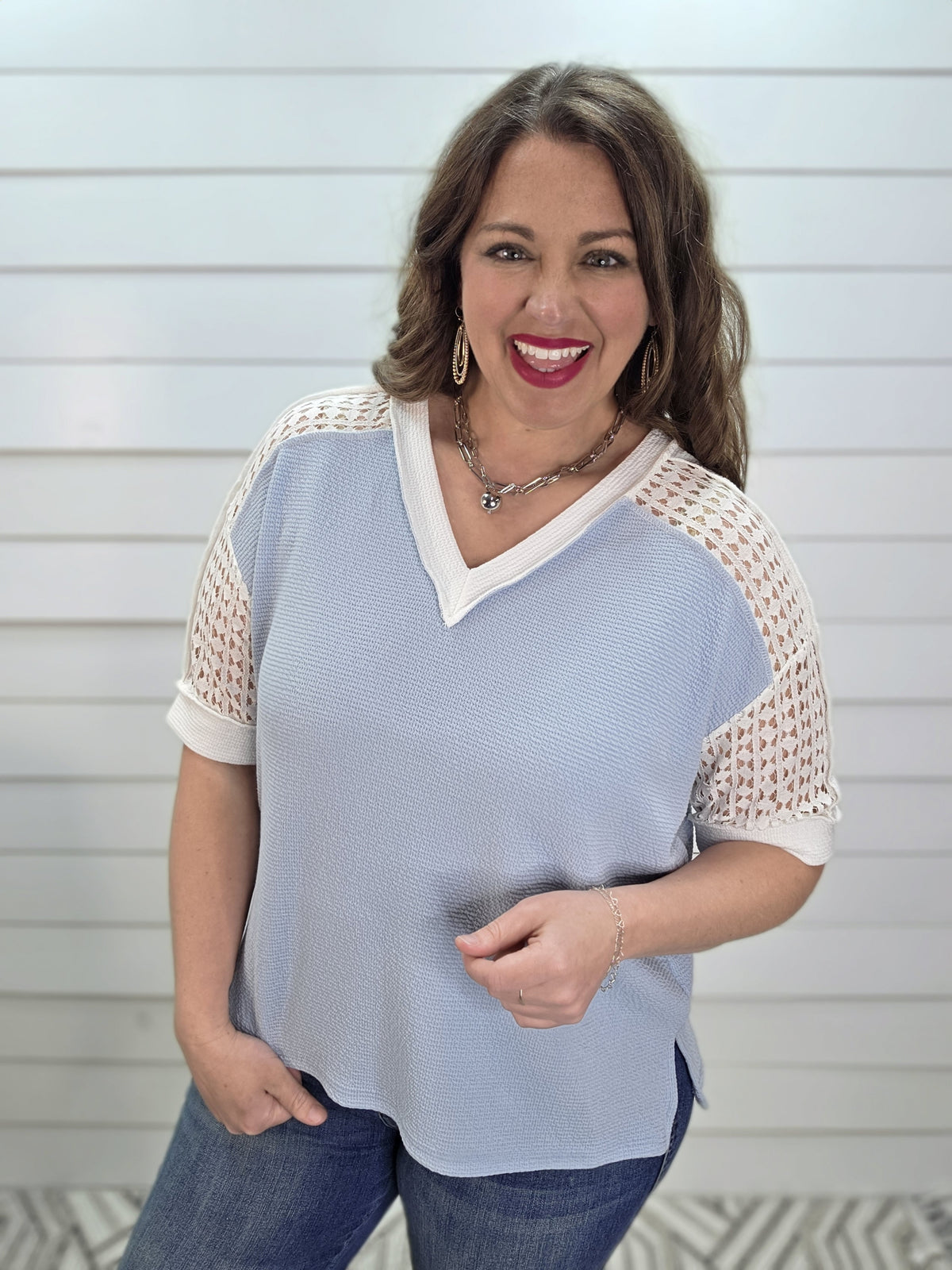 DENIM BLUE DREAM FABRIC W/ LACE CONTRAST SLEEVE