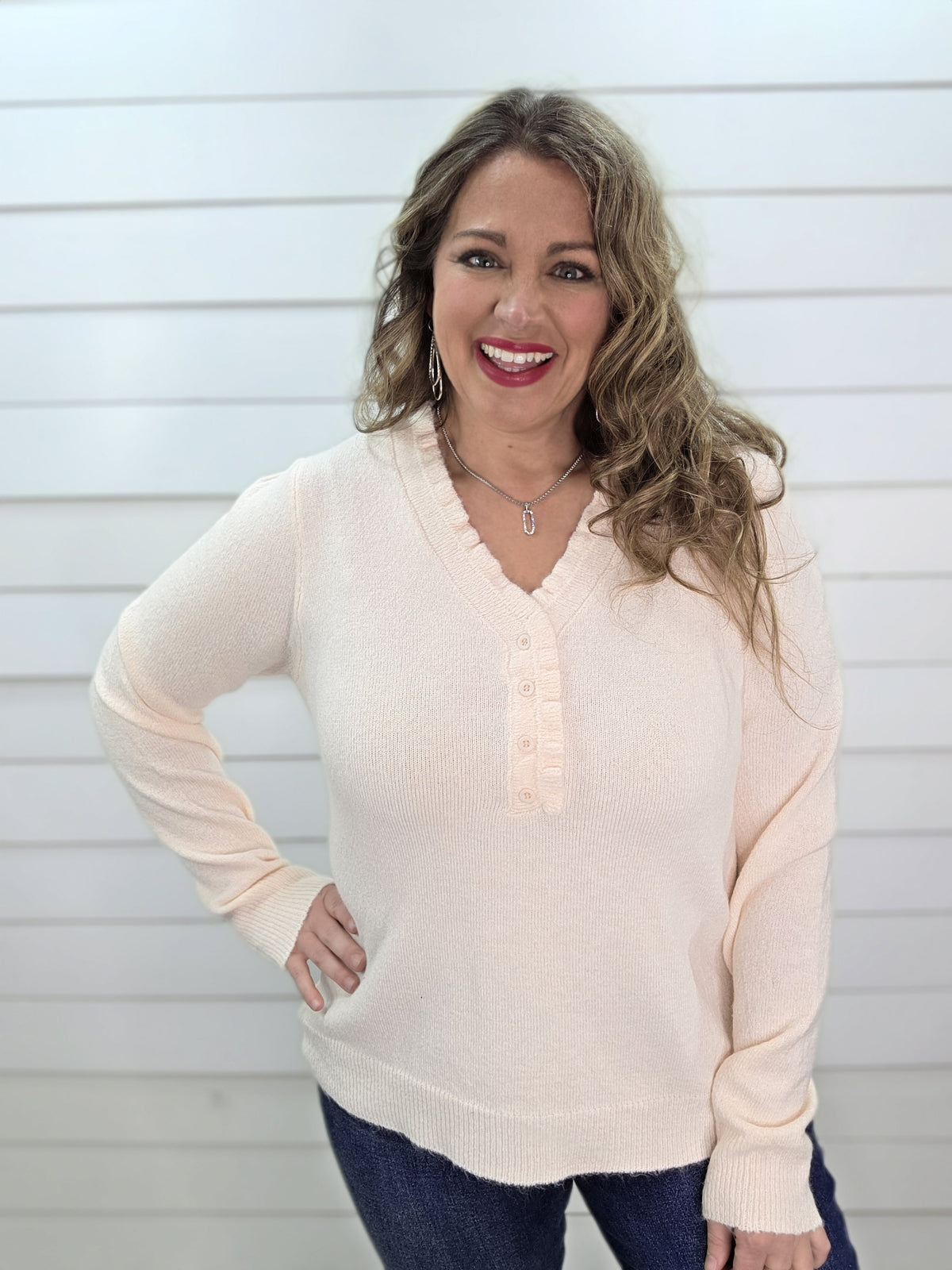 PALE BLUSH RUFFLE HENLEY KNIT SWEATER