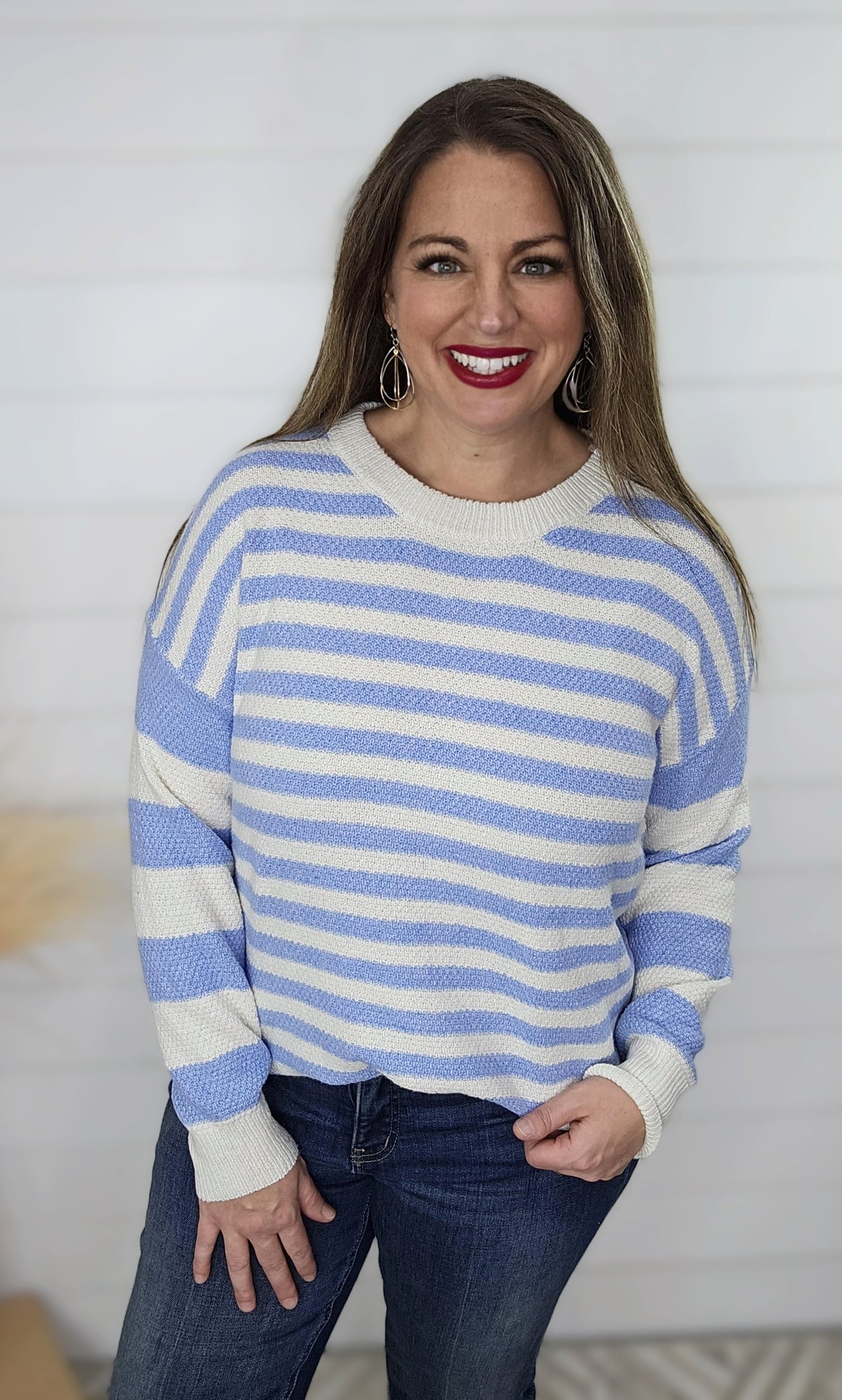 CHAMBRAY TEXTURED MULTI STRIPE LONG SLEEVE CREW NECK SWEATER