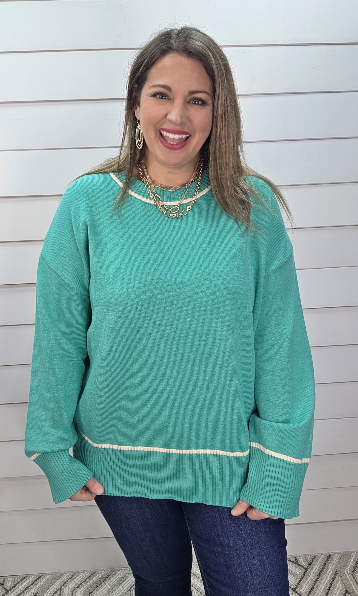 TEAL CONTRAST DROP SHOULDER LIGHT WEIGHT SWEATER