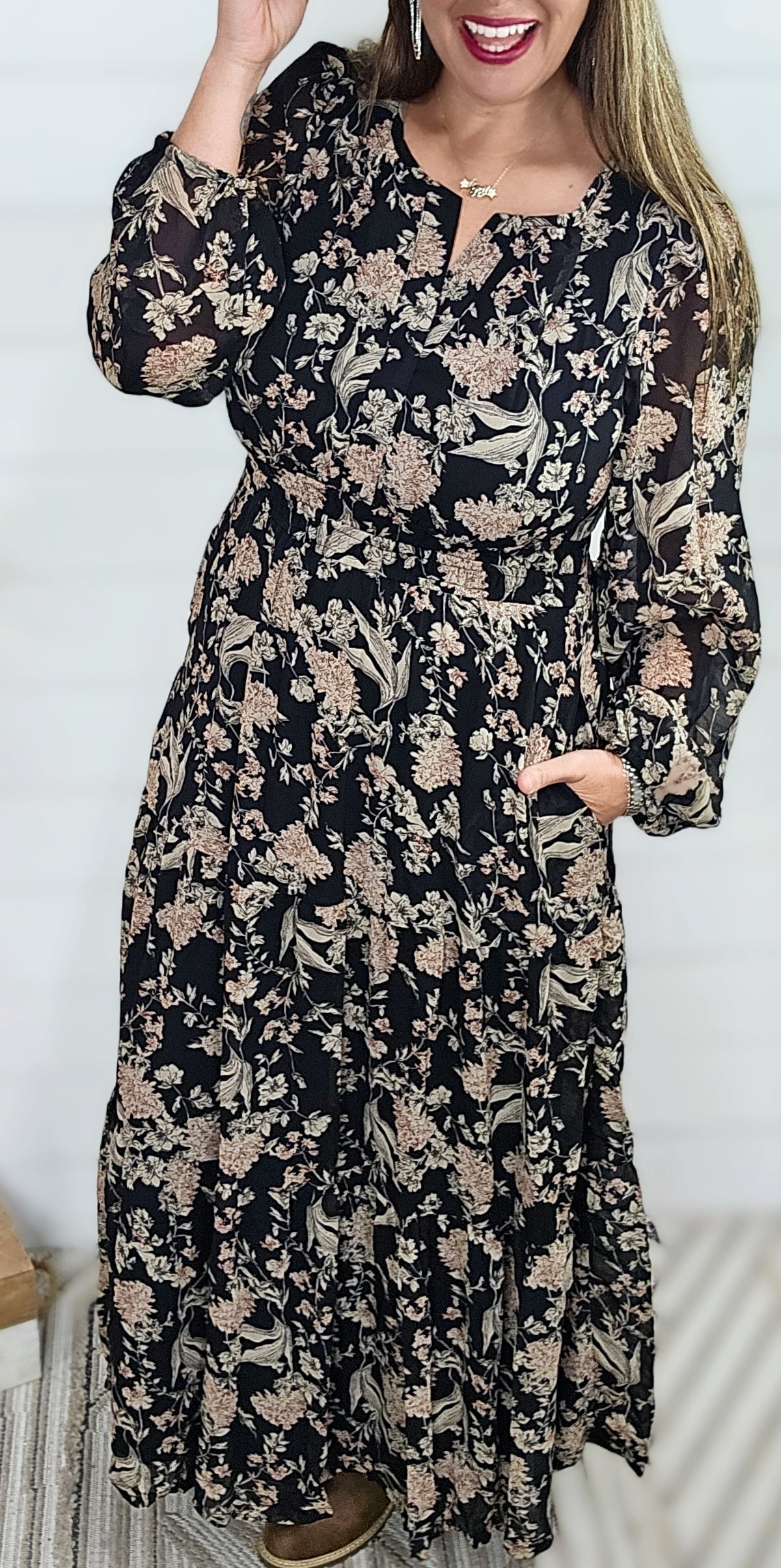 BLACK FLORAL ELASTIC WAIST LONG DRESS