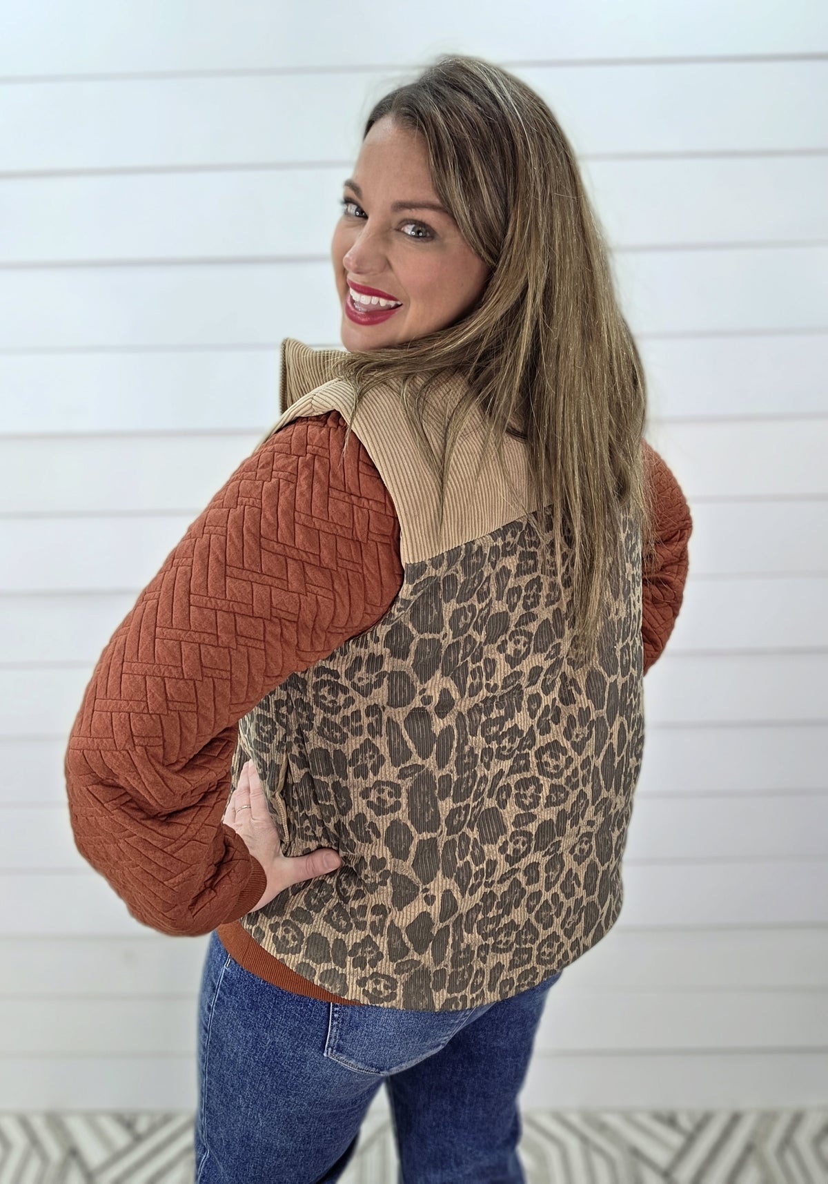 TAUPE LEOPARD CORD CONTRAST ZIPPER VEST