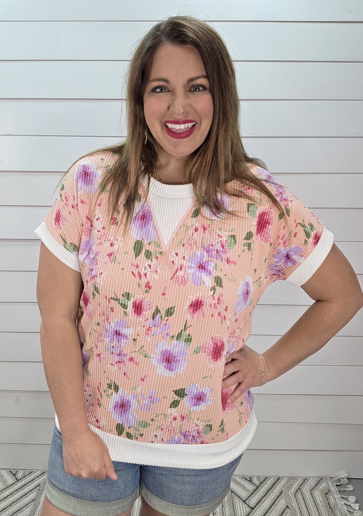 PEACH FLORAL RAISED RIBBED KNIT TOP