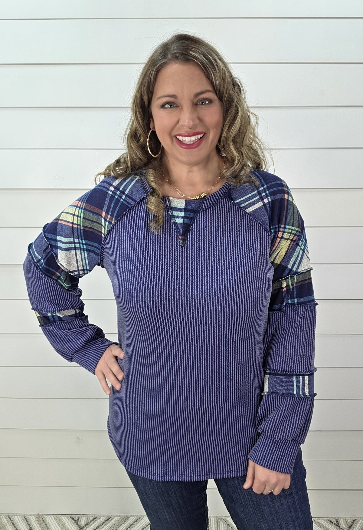 DENIM BLUE RAISED RIBBED/PLAID CONTRAST KNIT TOP