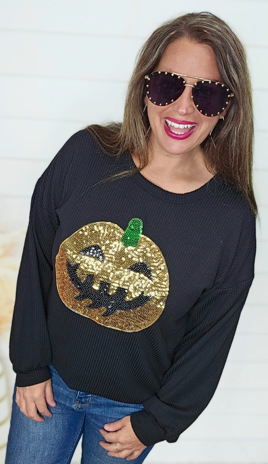 BLACK SEQUIN JACK O LANTERN RAISED RIBBED TOP