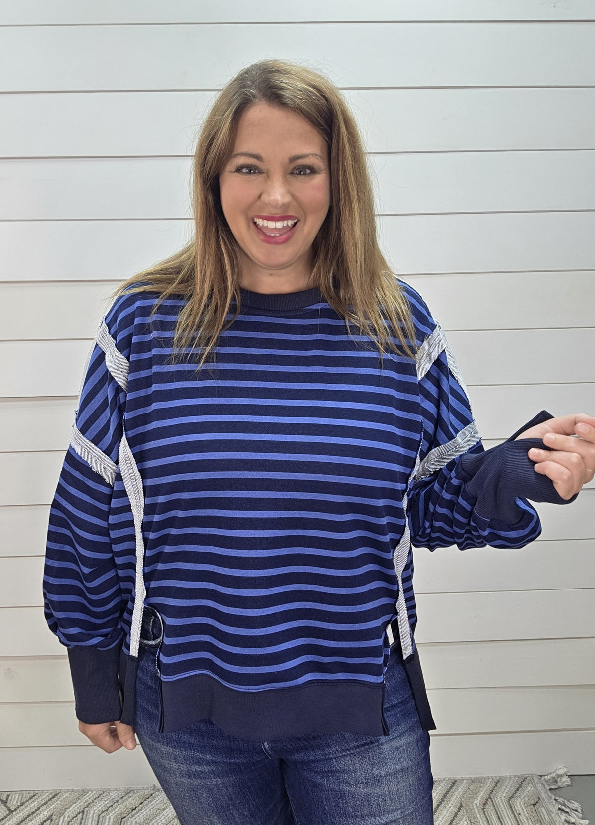 NAVY/DARK BLUE STRIPED OVERSIZED KNIT TOP W/ SIDE SLITS