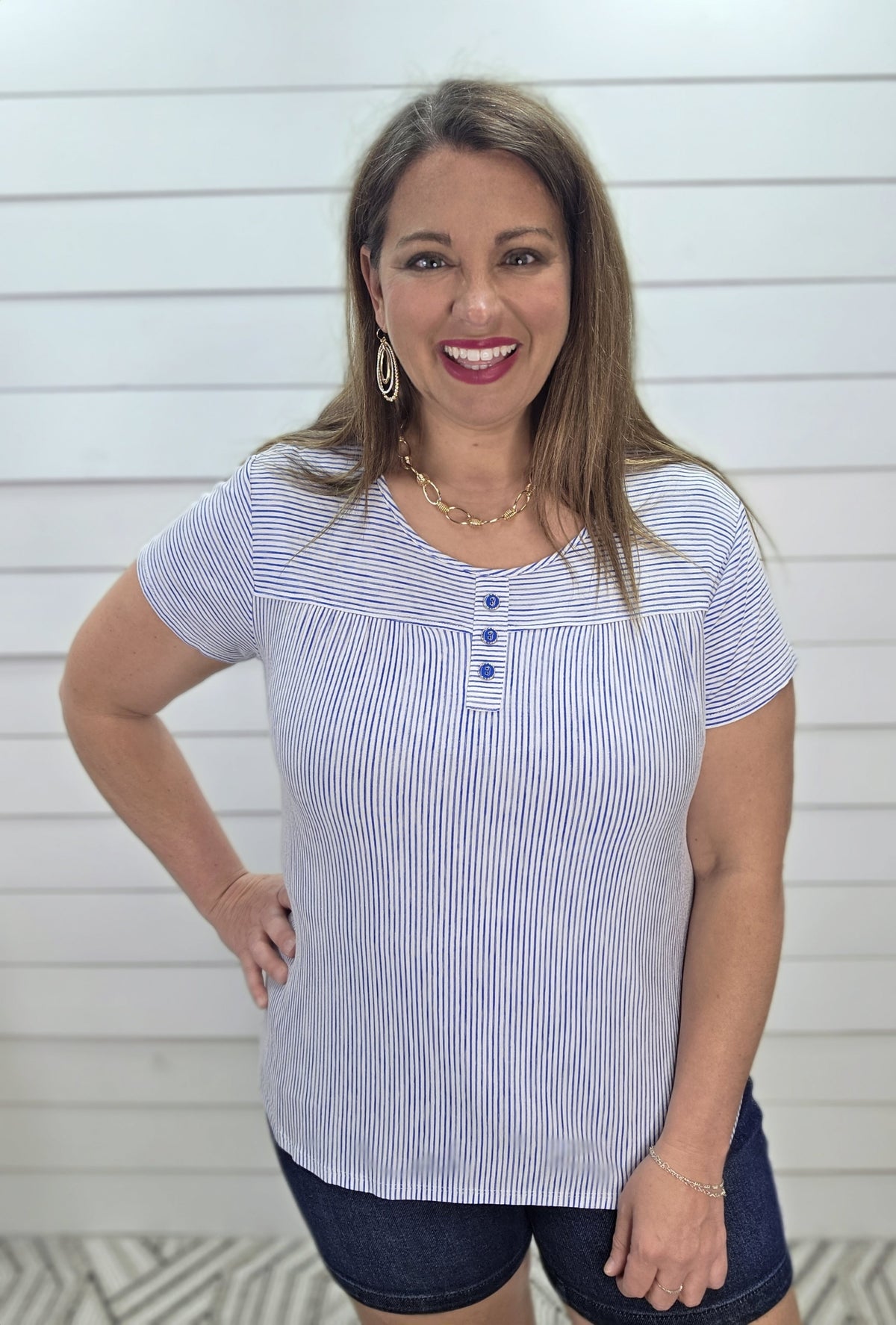 BLUE PINSTRIPED KNIT FAUX BUTTON TRIM TOP