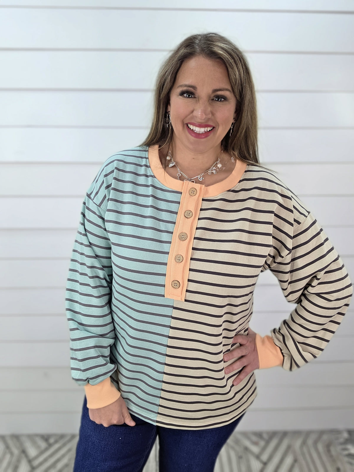 JADE/OATMEAL STRIPED CONTRAST BUTTON TRIM FRENCH TERRY TOP