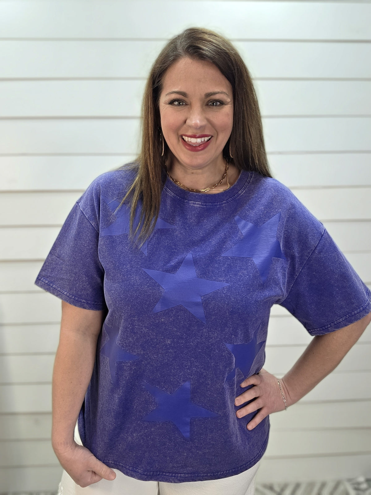 NAVY MINERAL WASH STAR KNIT TOP