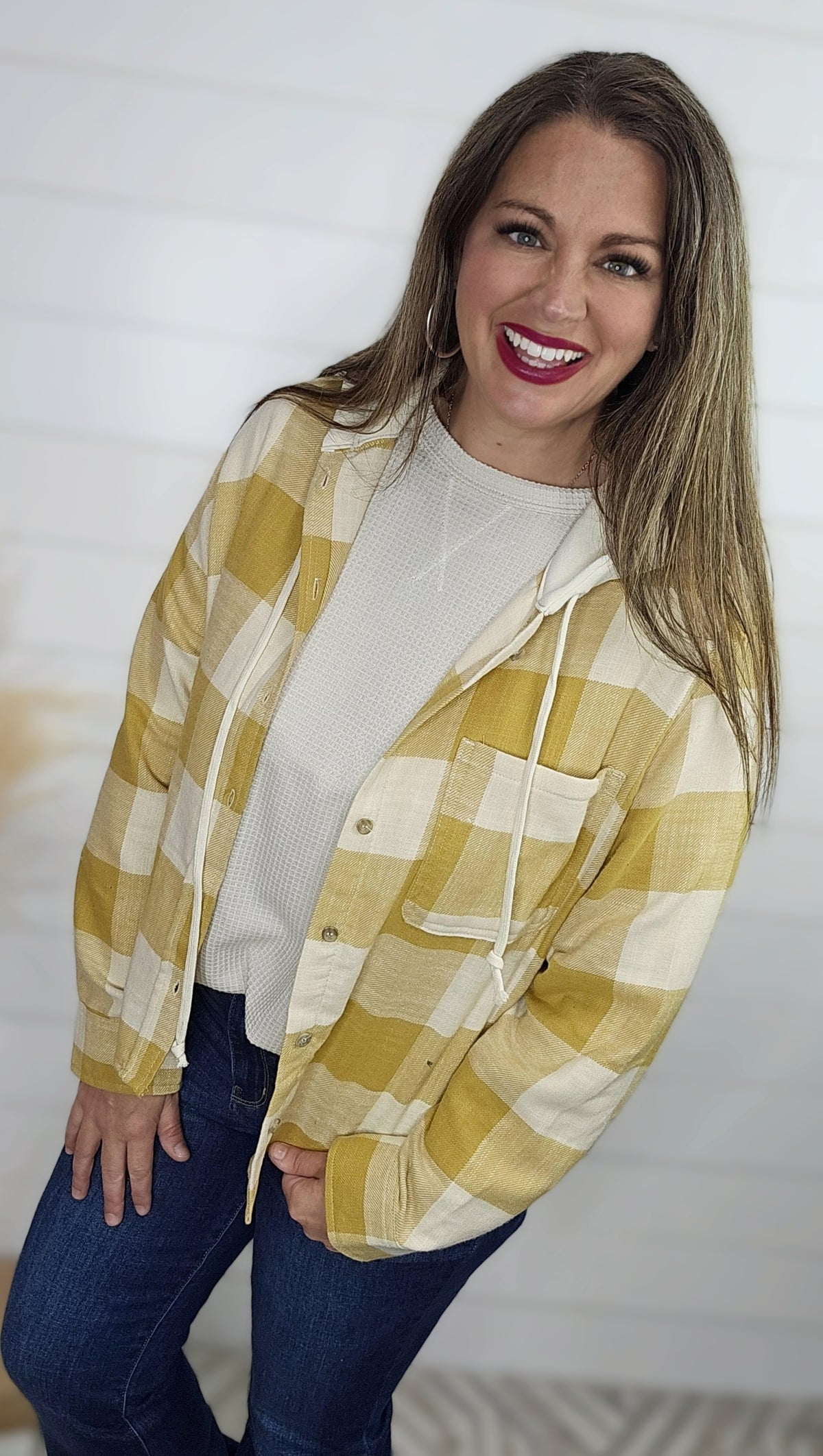 YELLOW PLAID BUTTON TOP HOODED TOP