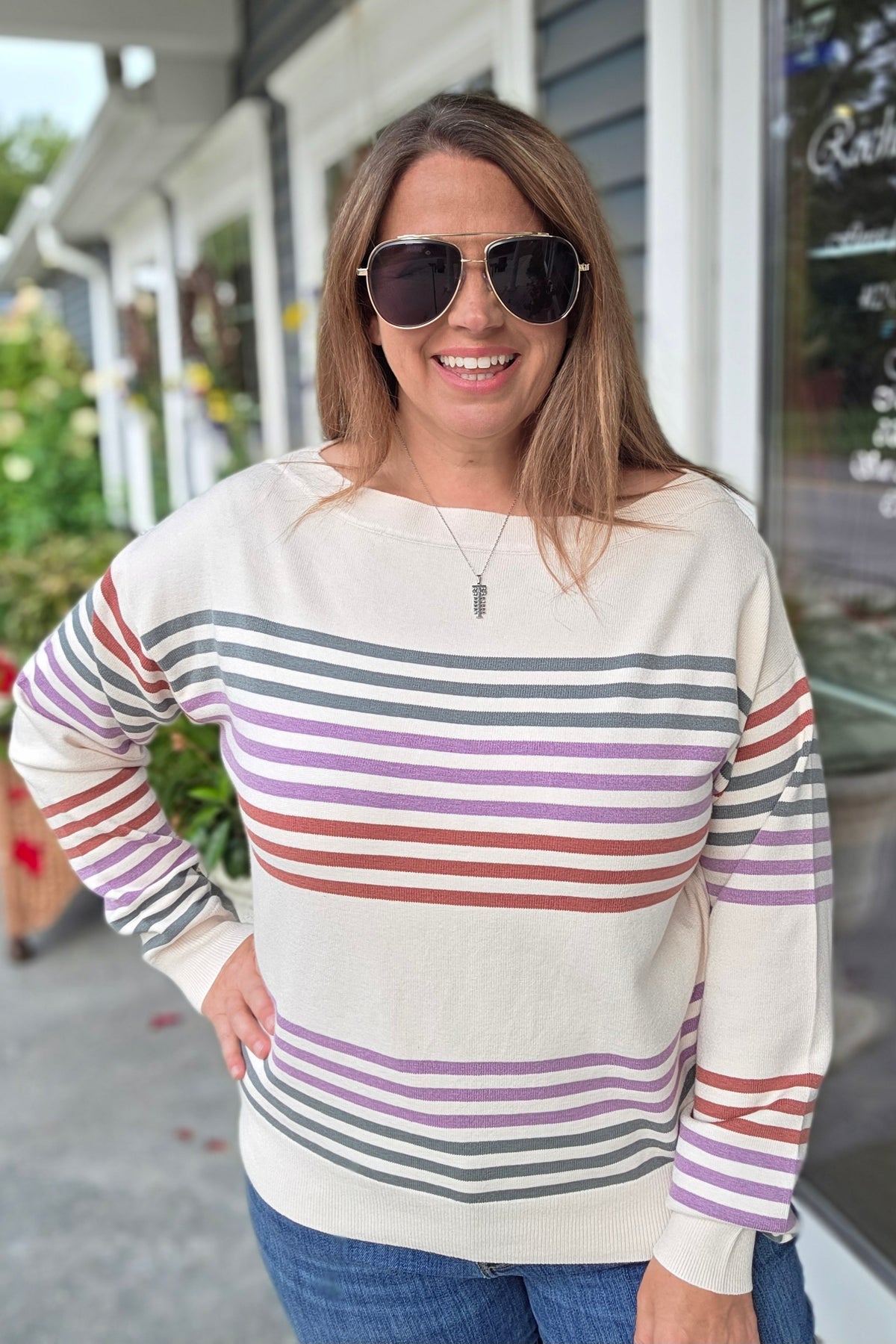 OLIVE/LAVENDER Boat Neck, Long Sleeve, Multi Color Engineer Striped Sweater