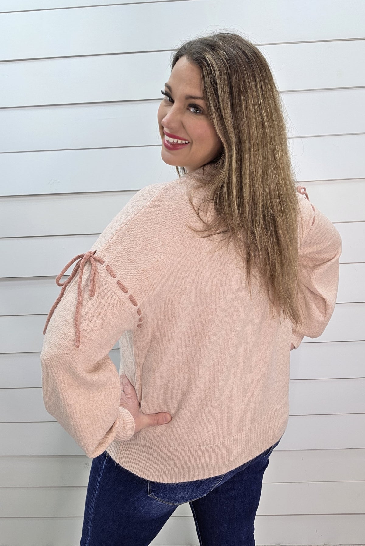 BLUSH SOFT KNIT BOW STITCH SLEEVE DETAIL PULLOVER SWEATER