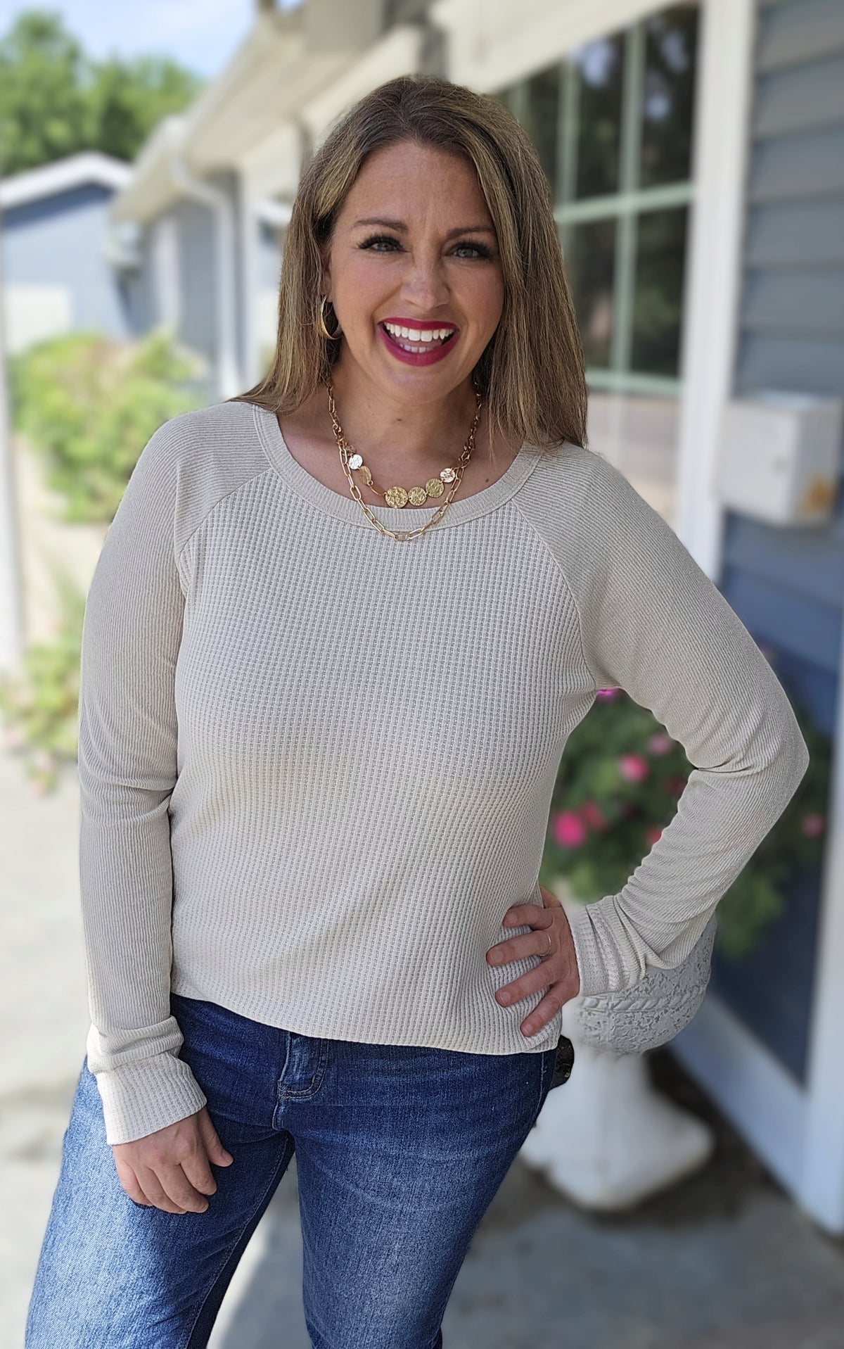 NATURALCONTRAST LONG SLEEVE WAFFLE KNIT TOP