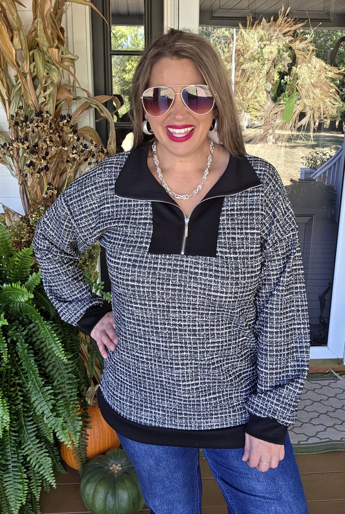 BLACK CHECK TWEED QUARTER ZIP PULLOVER