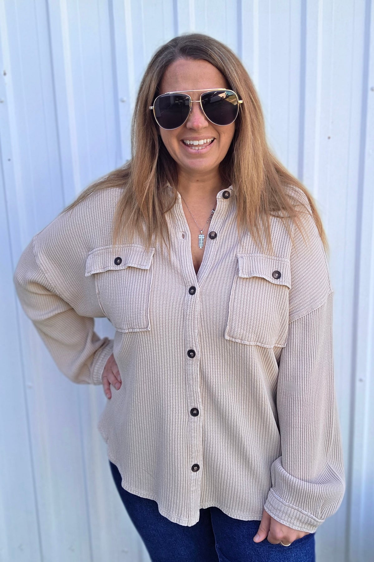 Taupe Mineral Wash Oversized Waffle Knit Button Down Top