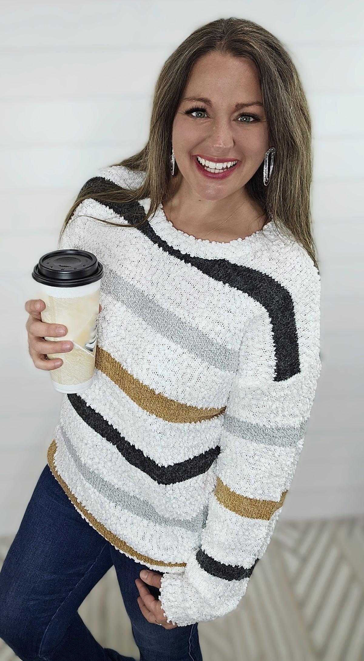 CREAM STRIPED POPCORN KNIT SWEATER