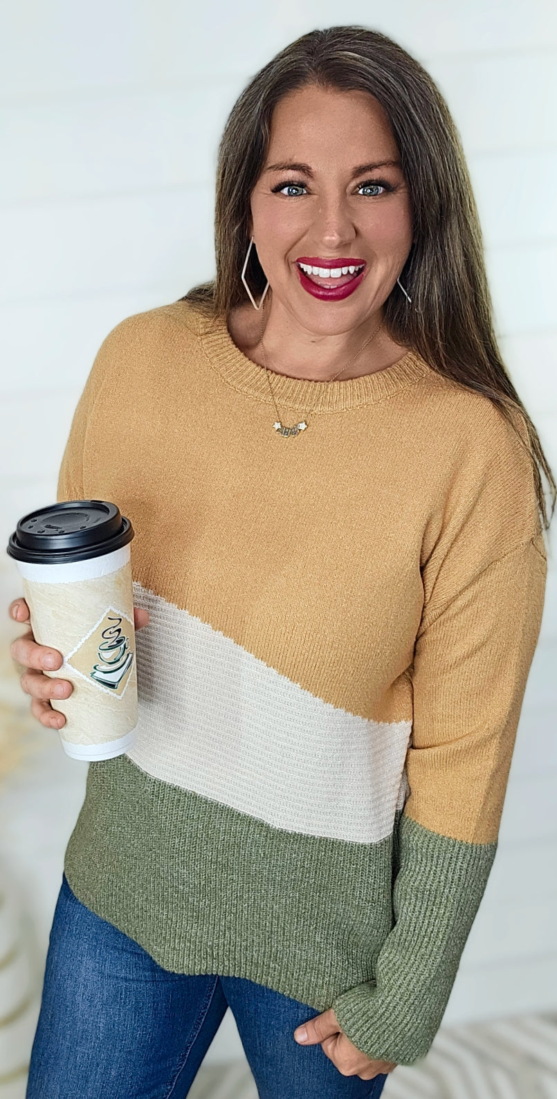 GOLDEN/IVORY/SAGE COLORBLOCK CONTRAST SWEATER