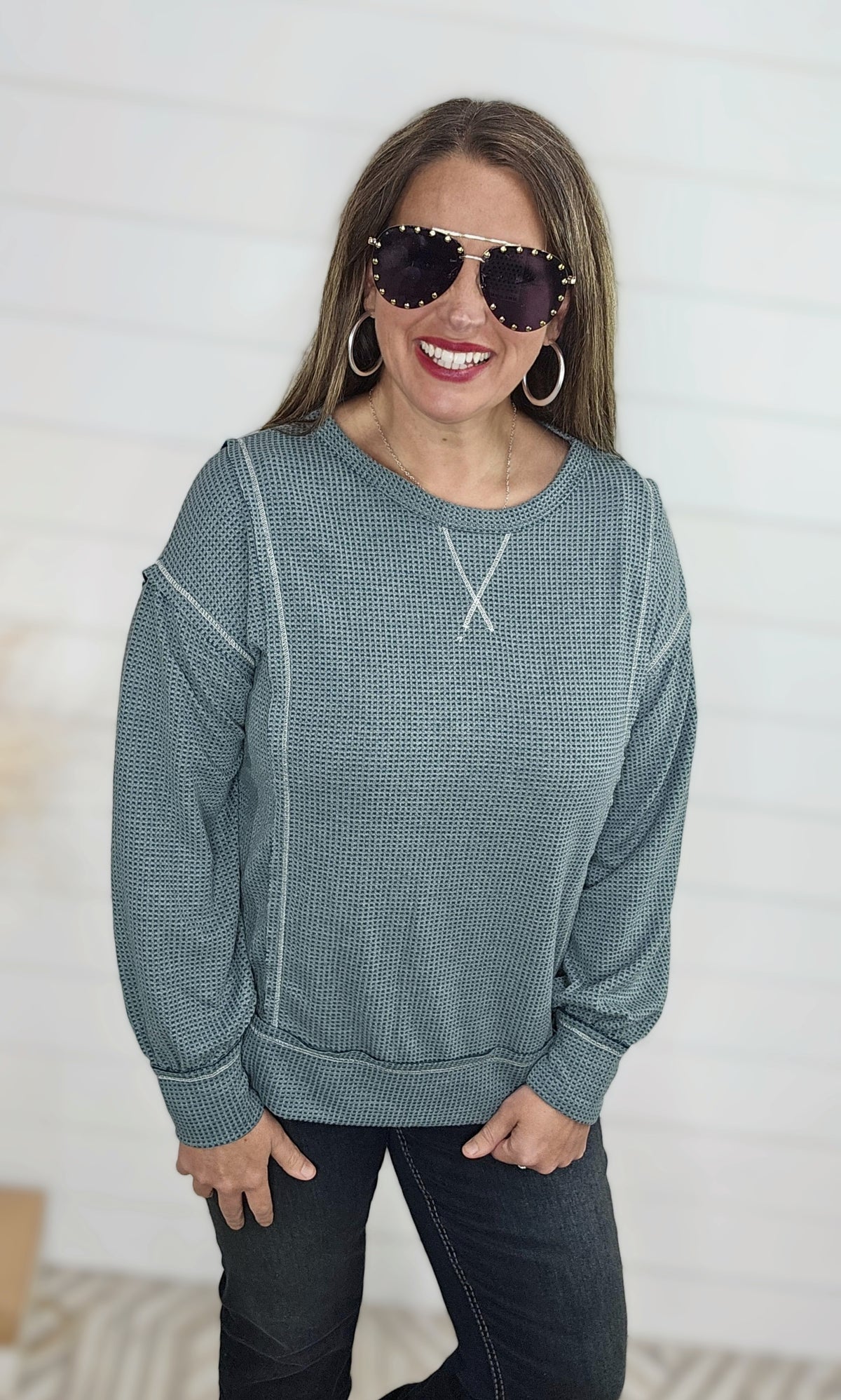 TEAL WAFFLE TEXURE LONG SLEEVE TOP