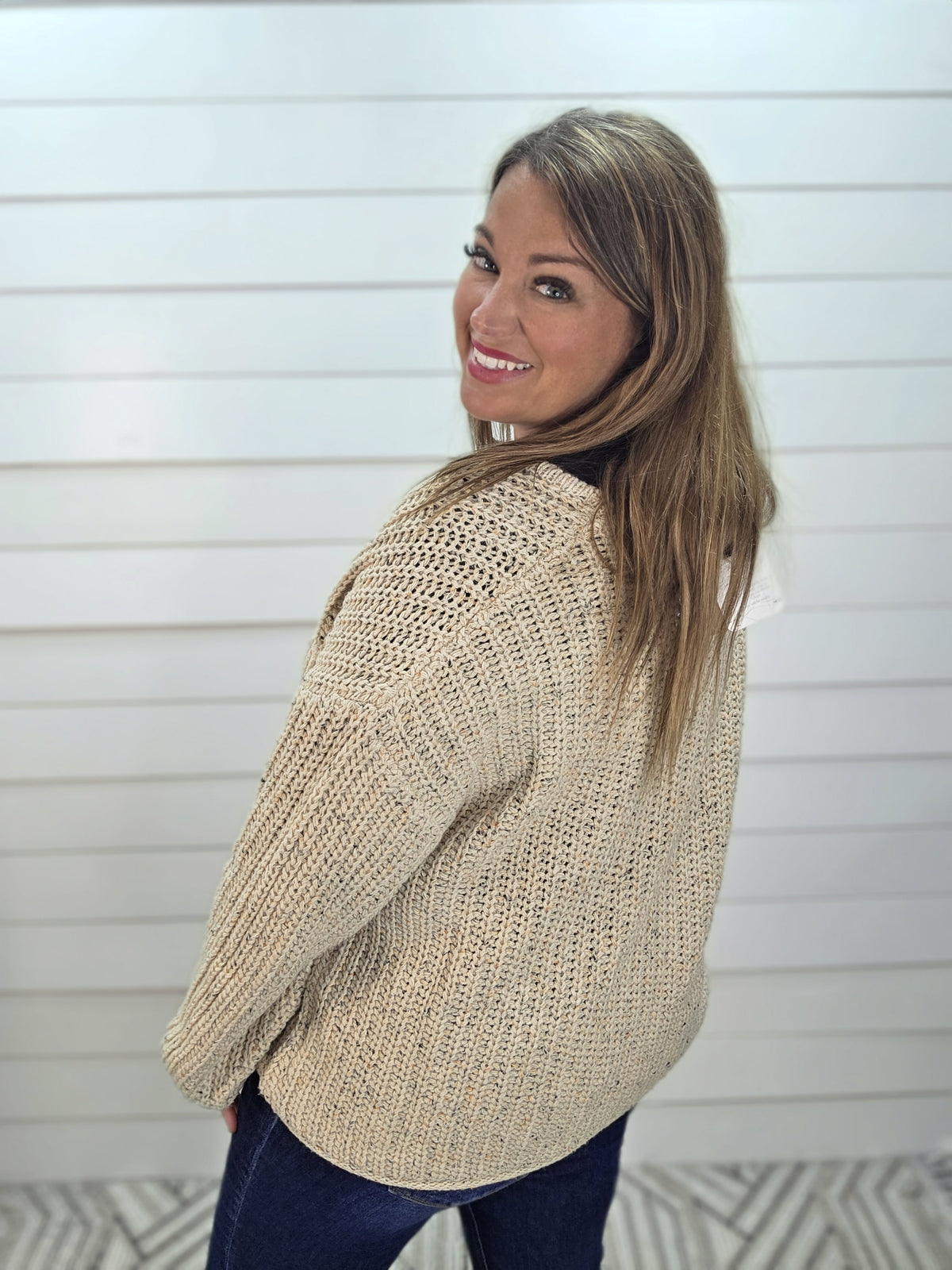 TAUPE Marled Button Down Raw Edge Chunky Knit Cardigan
