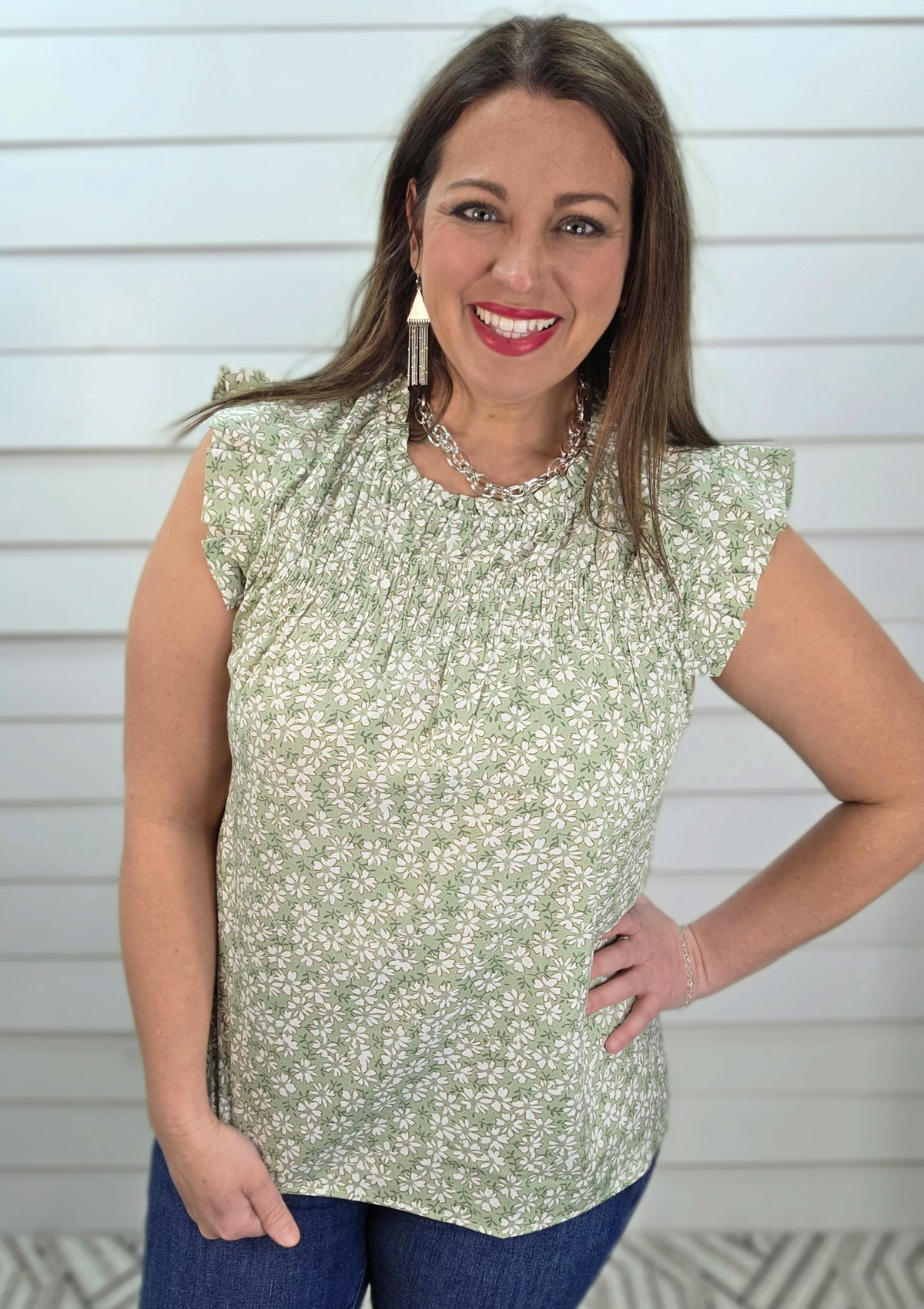 SAGE FLORAL HIGH NECK GATHERED CHEST WOVEN TOP