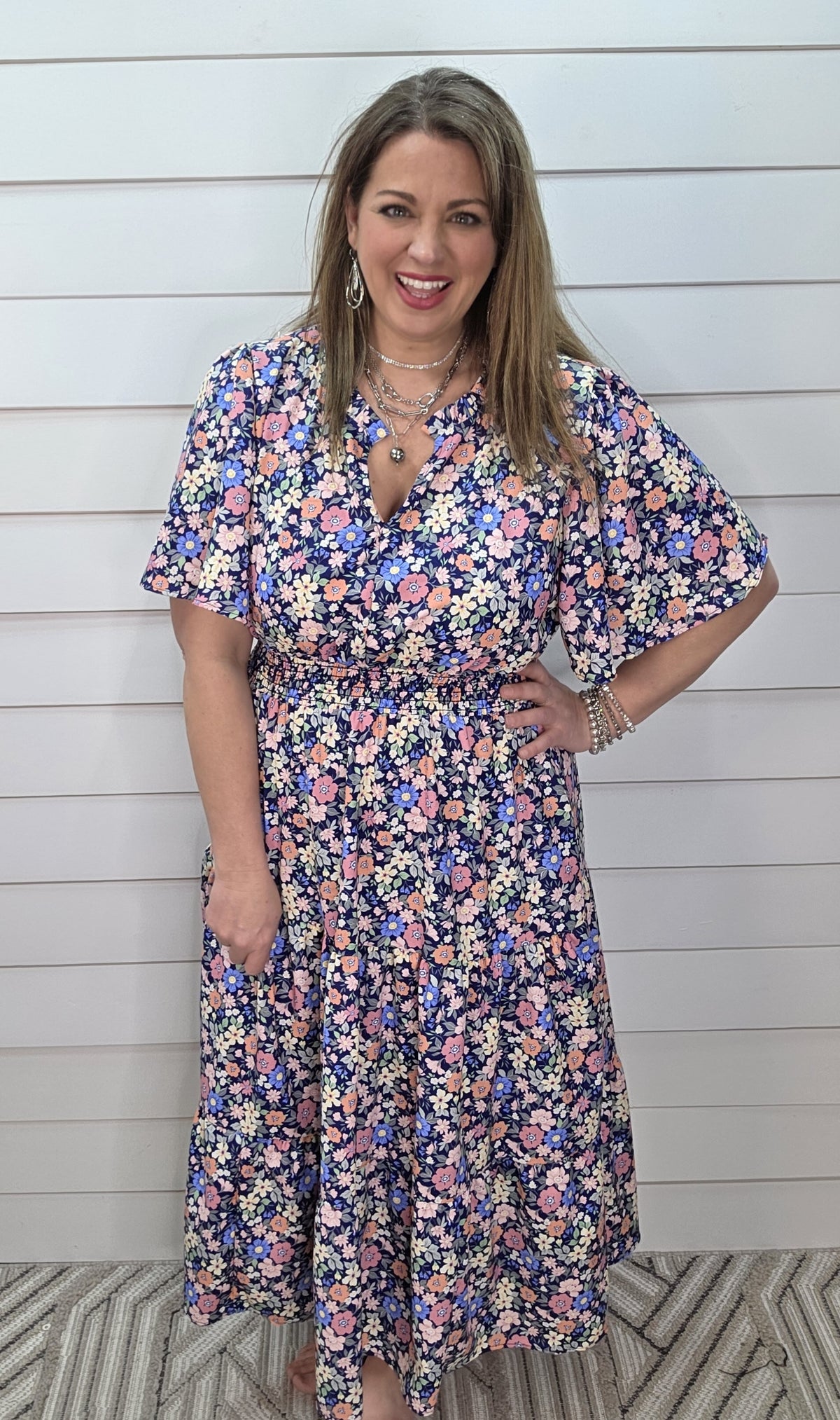 NAVY FLORAL V NECK ELASTIC WAIST LONG DRESS