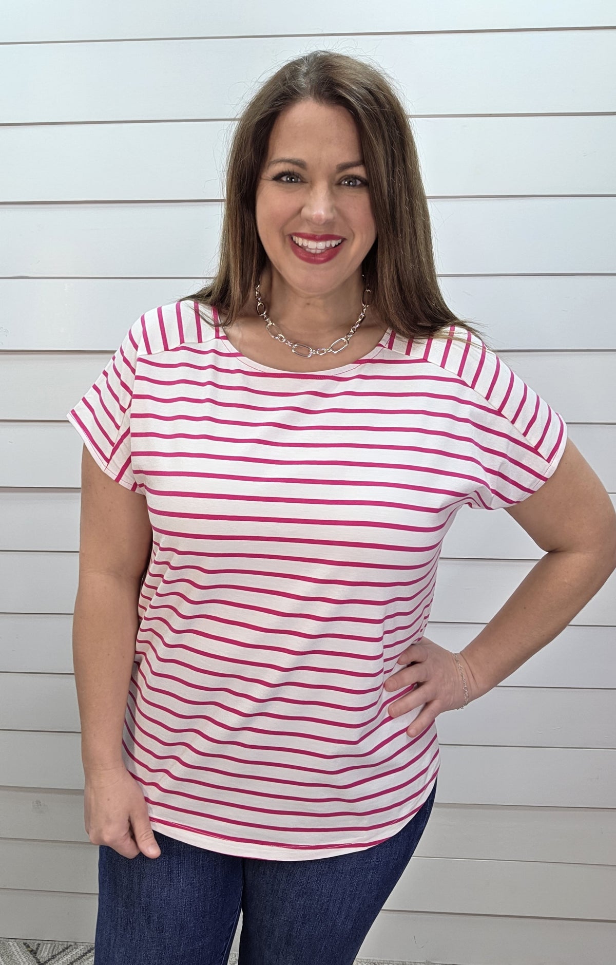 FUCHSIA/WHITE STRIPED BOAT NECK KNIT TOP