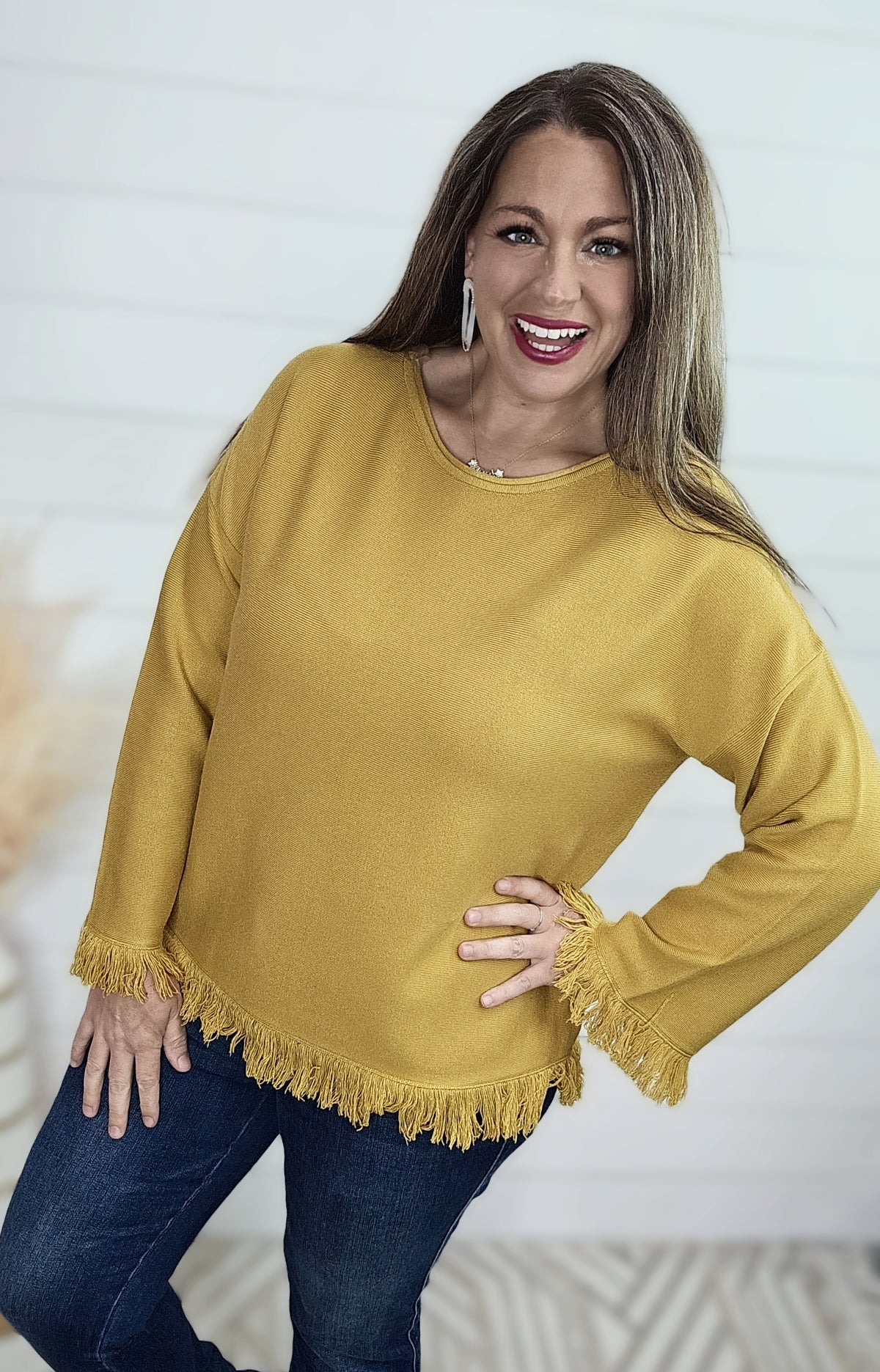 KAREN HART MUSTARD SWEATER W/ FRINGE TRIM