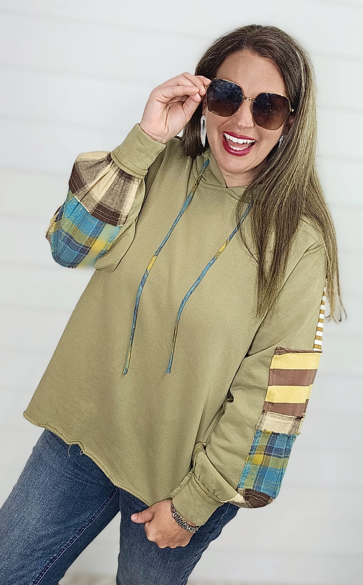 SAGE TERRY MIX CONTRAST PLAID BACK HOODIE