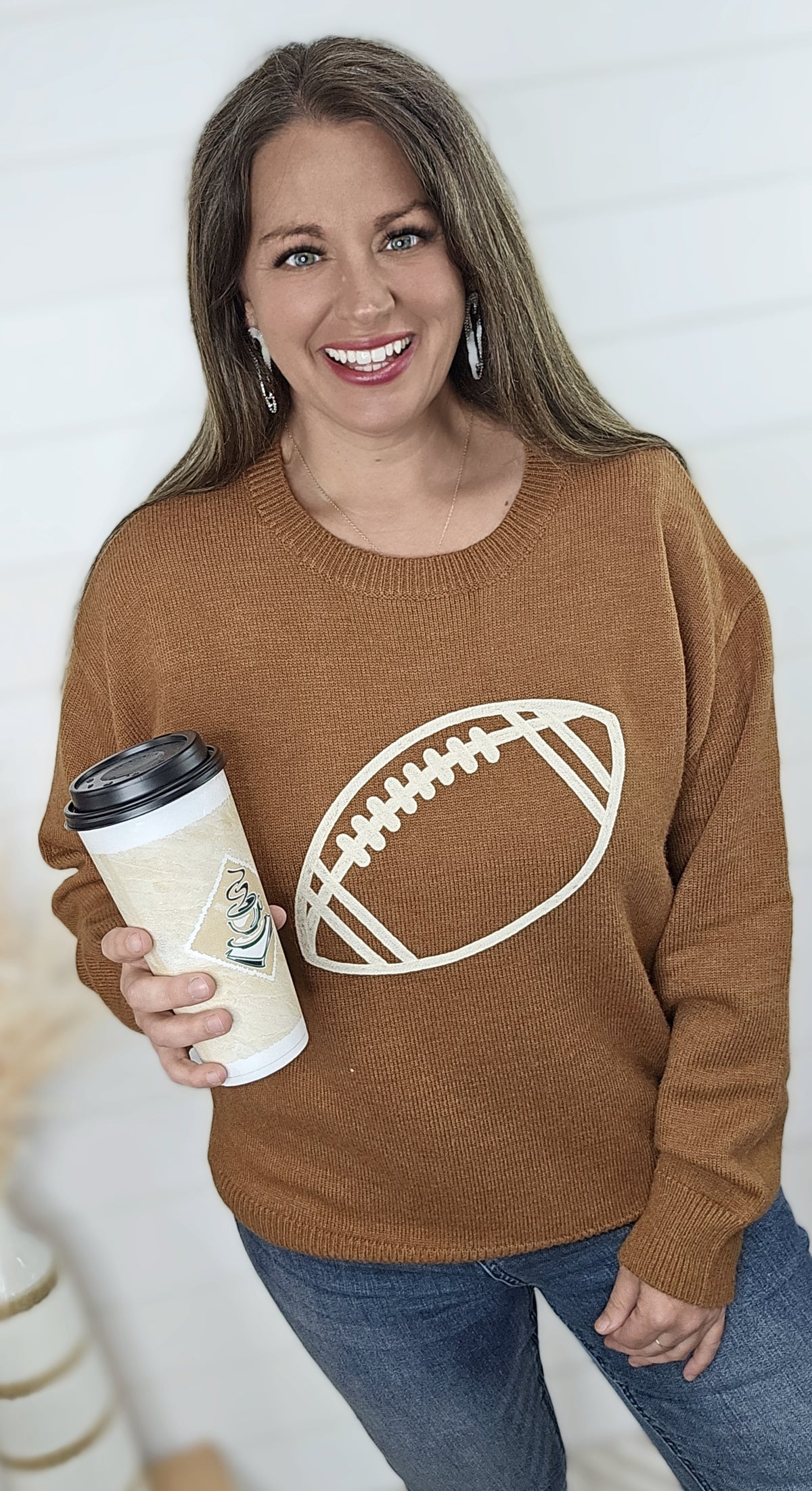 BROWN FOOTBALL EMBROIDERED SWEATER