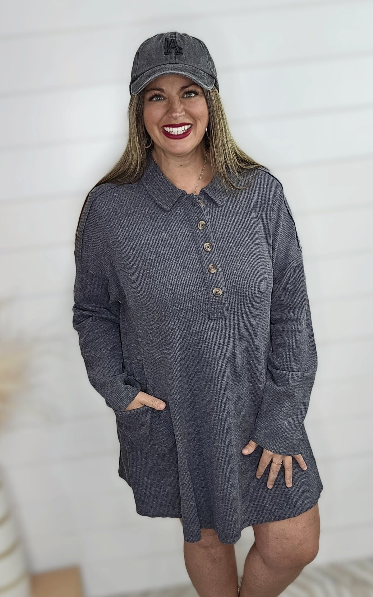 CHARCOAL WAFFLE TEXTURED HALF BUTTON DRESS/TUNIC