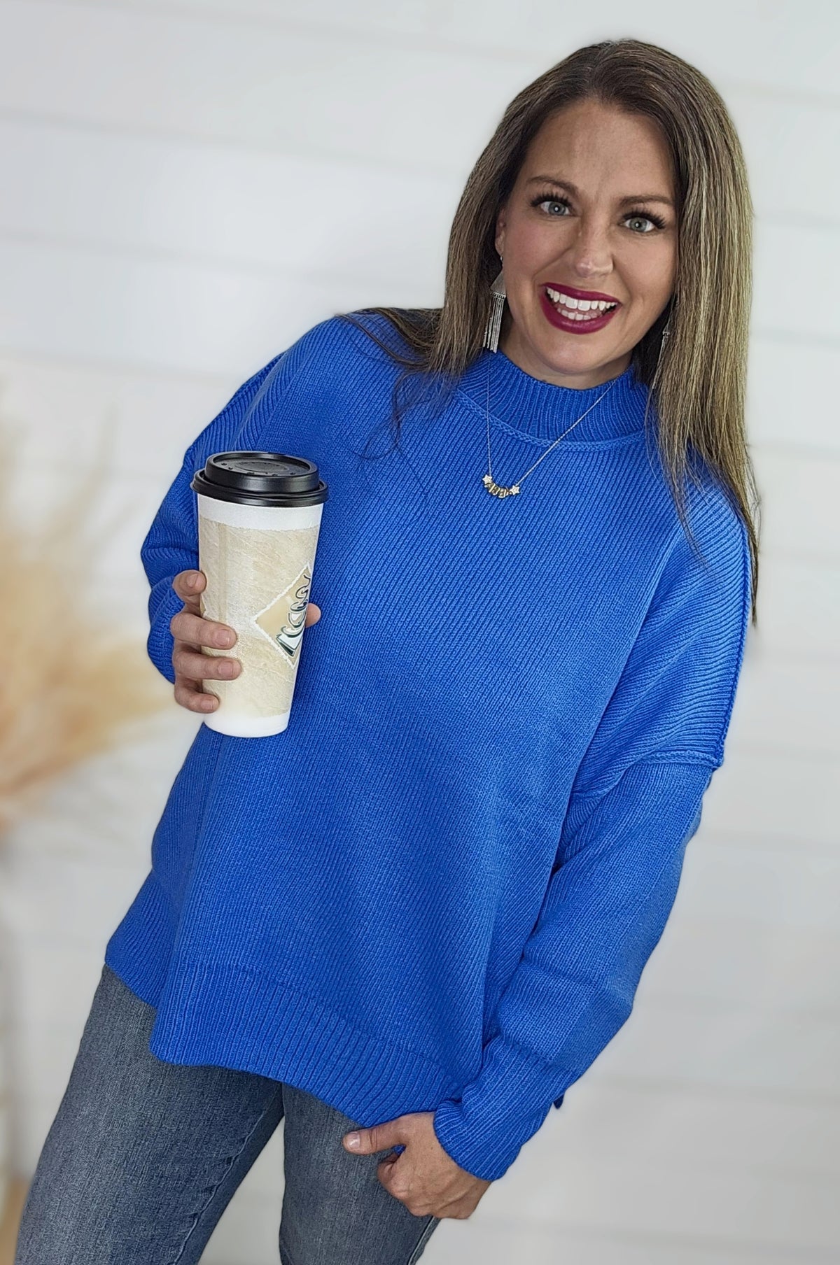 BLUE DROP SHOULDER OVERSIZED MOCK NECK SWEATER