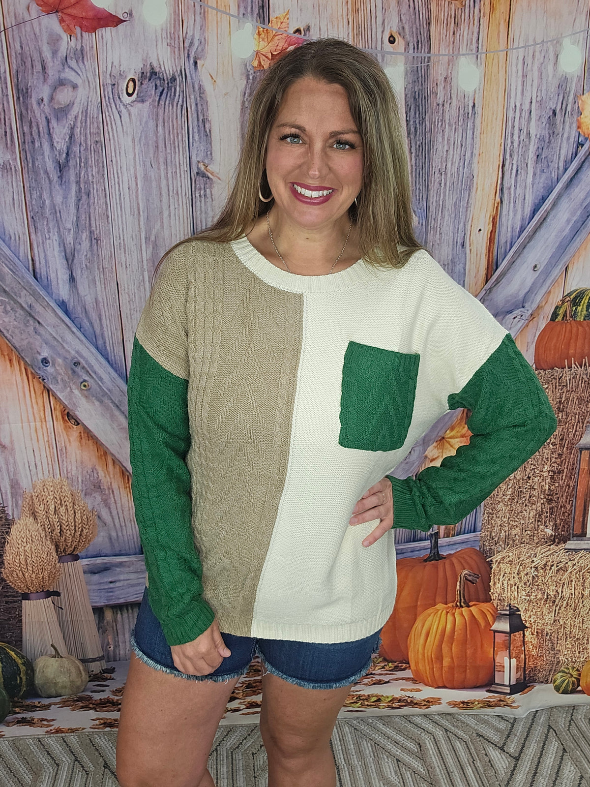 VINEYARD GREEN COLORBLOCK PATCHED POCKET DROP SHOULDER SWEATER