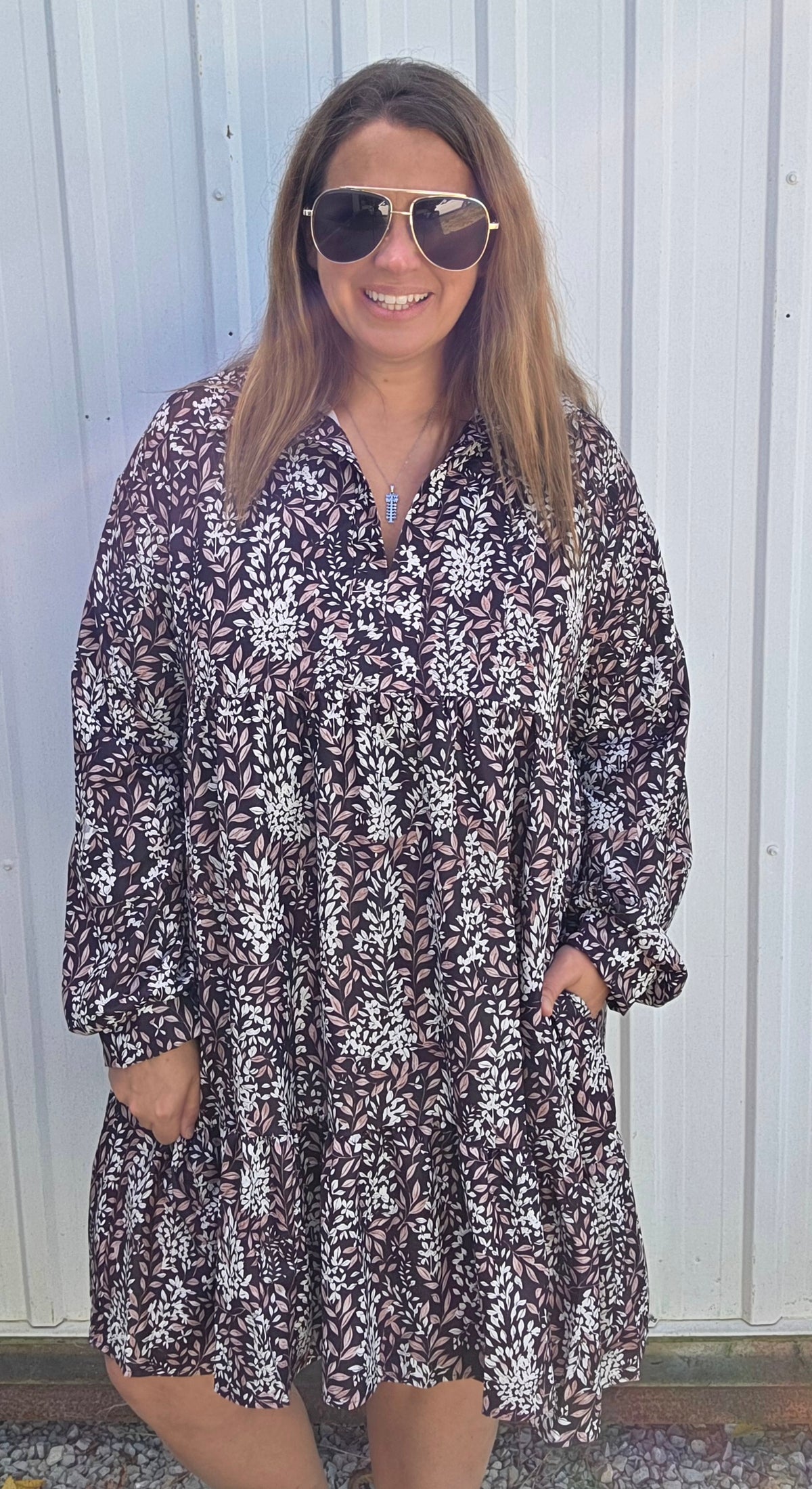 Black Collared Notch Neck Babydoll Long Sleeve Floral Print Knee Length Woven Dress