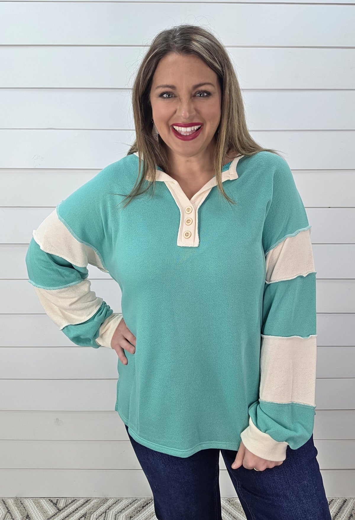 JADE FRENCH TERRY COLORBLOCK BUTTON TRIM KNIT TOP