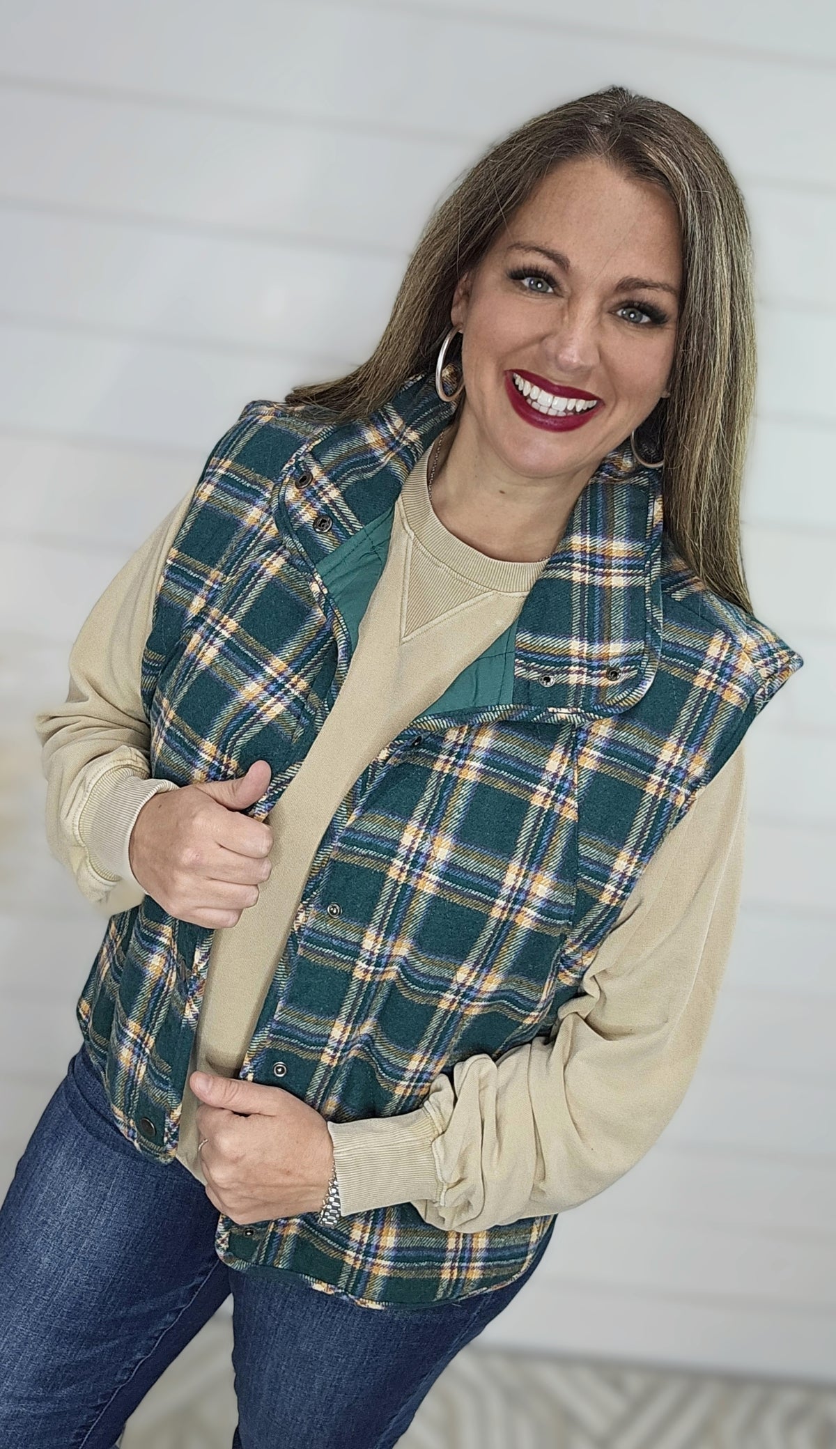 GREEN PLAID SNAP BUTTON VEST