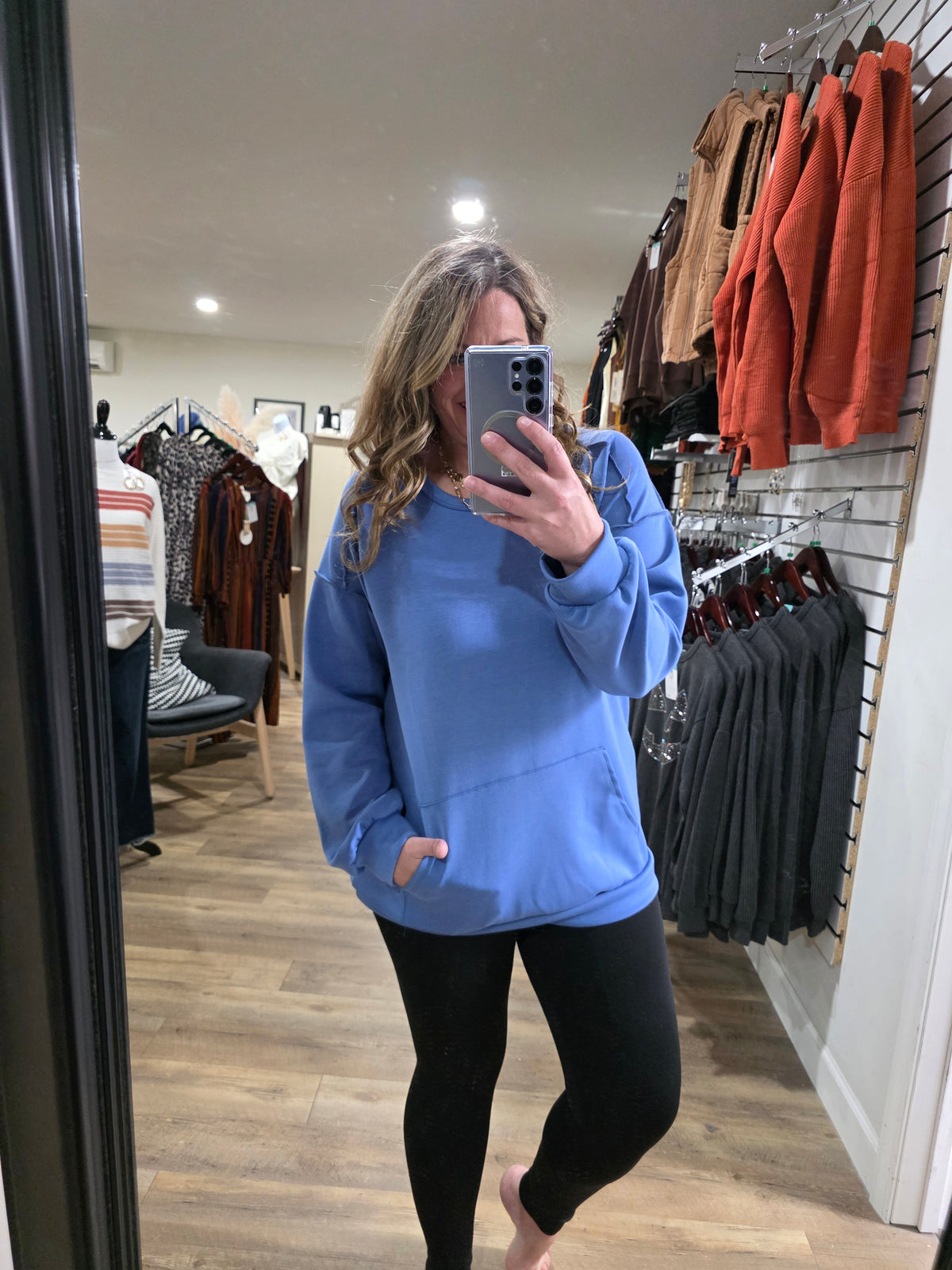 DENIM SCUBA CREW NECK PULLOVER WITH KANGAROO POCKET