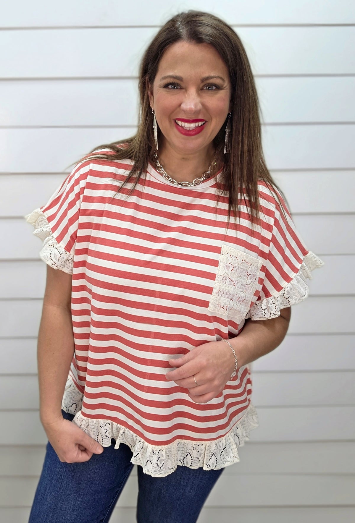 MUTED RED STRIPED KNIT TOP W/ LACE ACCENTS