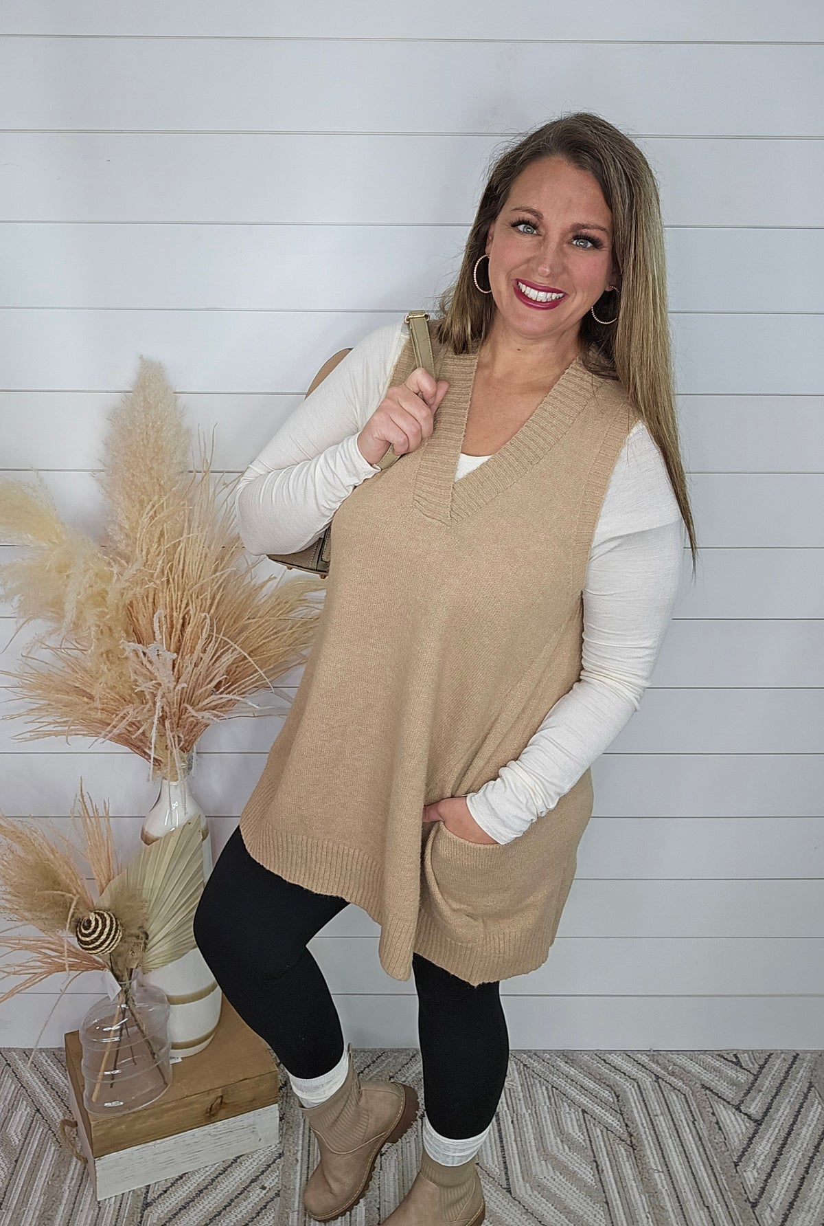 TAUPE OVERSIZED SWEATER VEST TUNIC W/ POCKETS