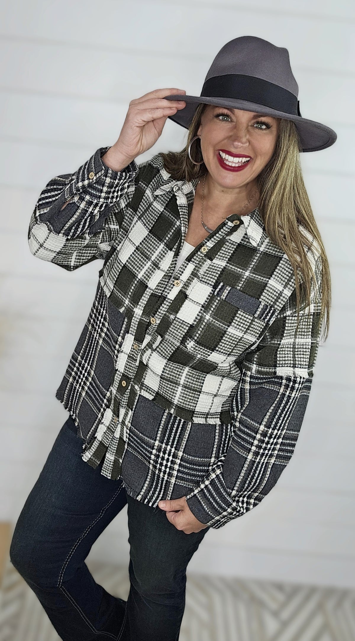 OLIVE PLAID WAFFLE TEXTURED BUTTON DOWN