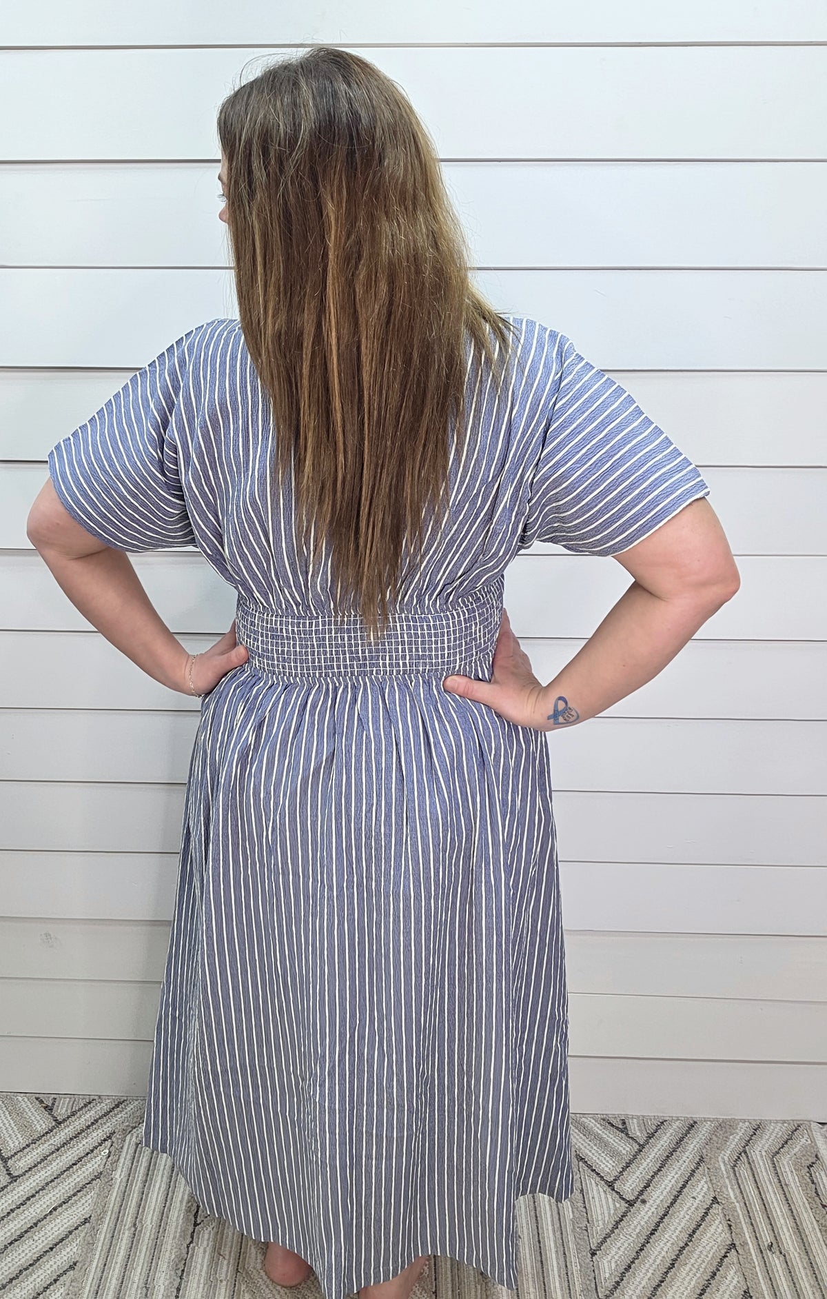 DUSTY BLUE STRIPED BUTTON DOWN PLEATED SHIRTDRESS W/ POCKETS