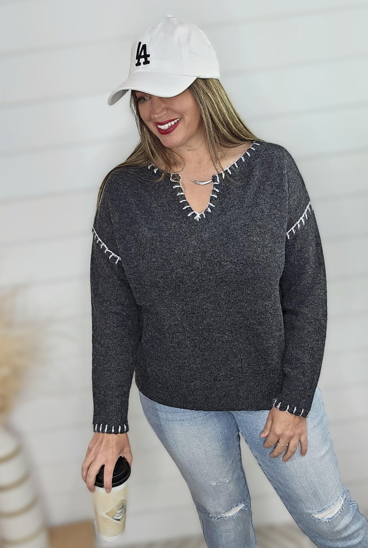 GUN METAL BLANKET STITCH NOTCHED NECKLINE PULLOVER SWEATER