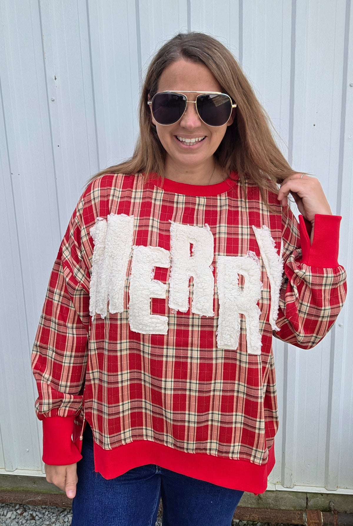 DARK RED PLAID MERRY OVERSIZED TOP
