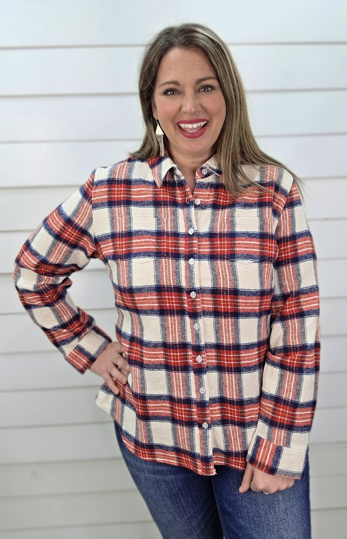 KAREN HART RED/BLUE PLAID BUTTON DOWN WITH BUTTONS IN THE BACK