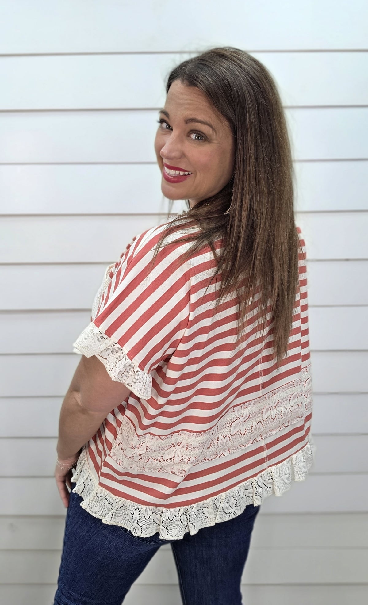 MUTED RED STRIPED KNIT TOP W/ LACE ACCENTS